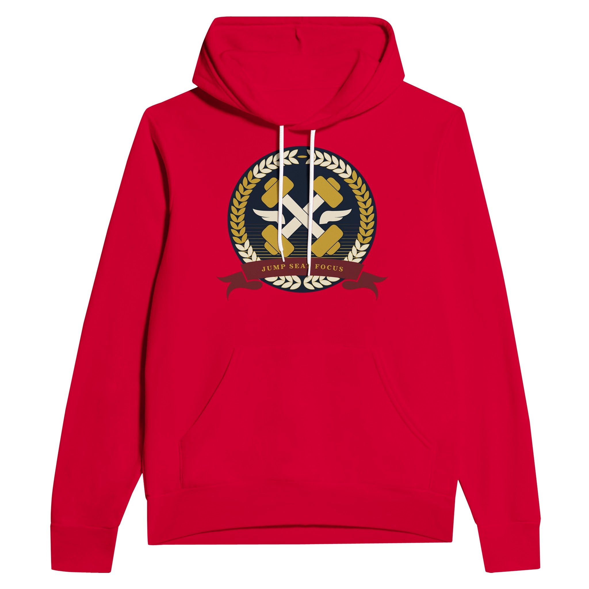 Dumbbells & Hotels unisex pullover hoodie with the Jump Seat Focus crest (gold laurel ring, crossed dumbbells over aviator wings, burgundy ribbon) - product shot 9 of 12