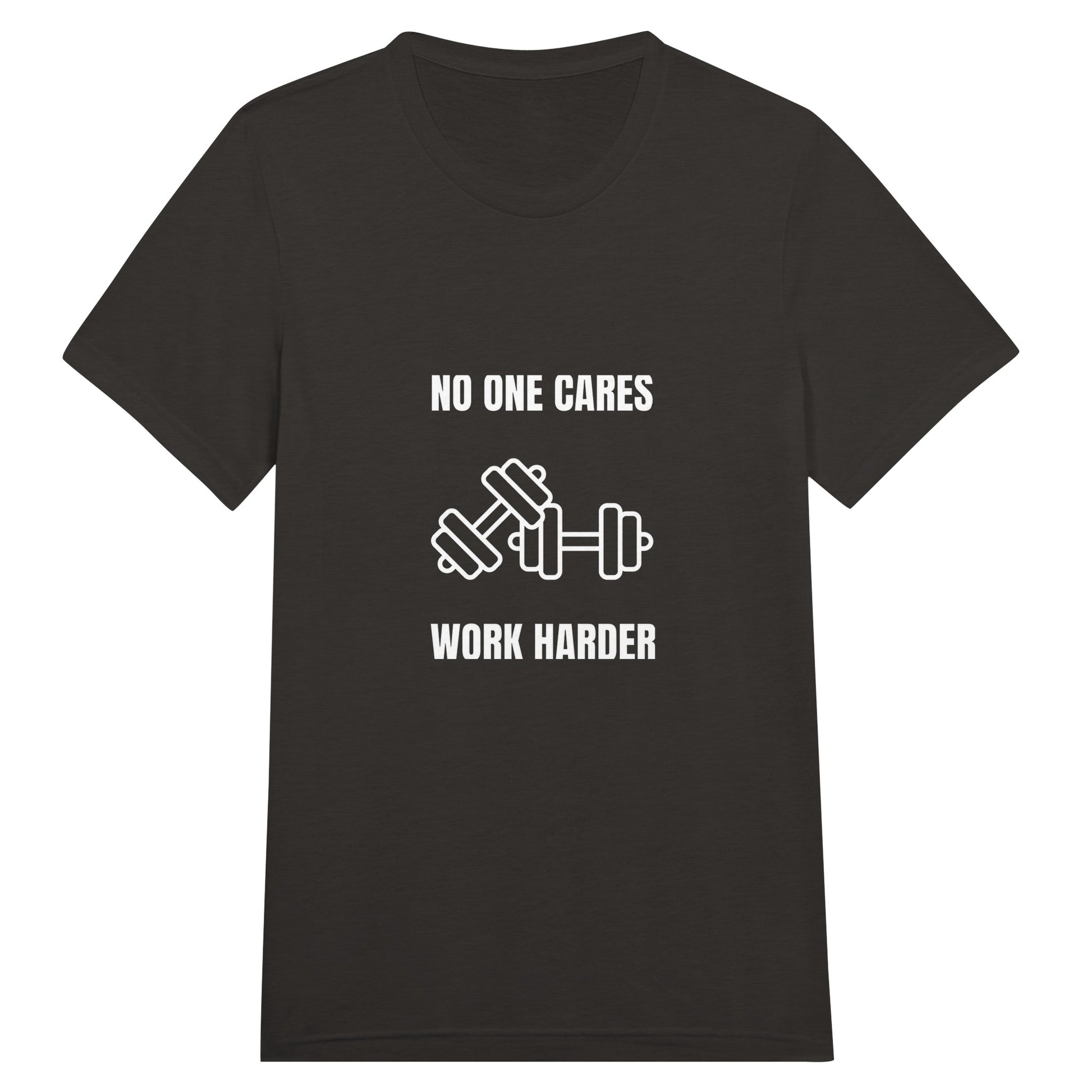 unisex triblend travel tee with white No One Cares. Work Harder. crossed-dumbbells print, styled for hotel gym training