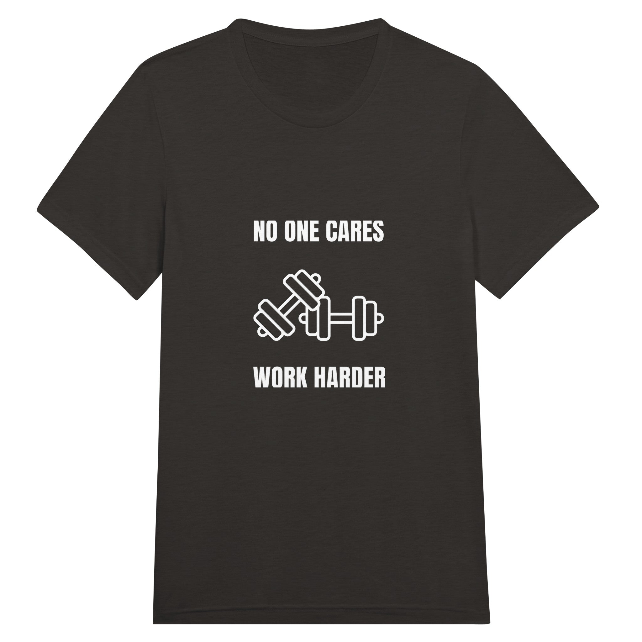 unisex triblend travel tee with white No One Cares. Work Harder. crossed-dumbbells print, styled for hotel gym training
