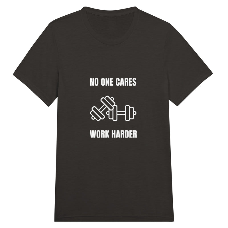 unisex triblend travel tee with white No One Cares. Work Harder. crossed-dumbbells print, styled for hotel gym training