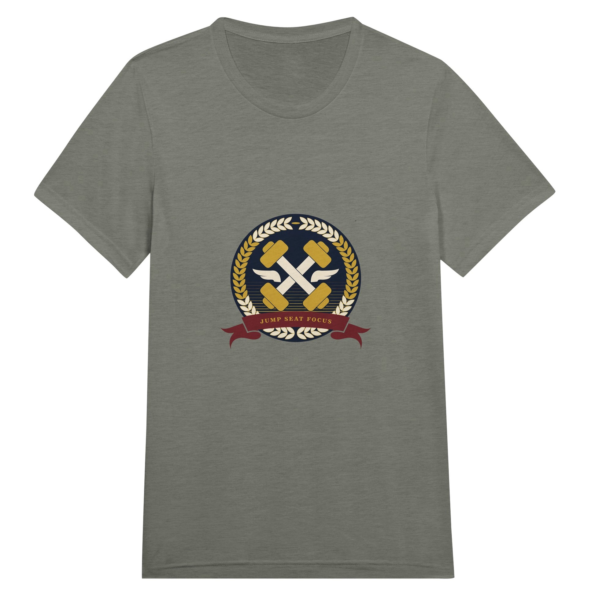 Dumbbells & Hotels unisex triblend tee with the Jump Seat Focus crest (gold laurel ring, crossed dumbbells over aviator wings, burgundy ribbon) - product shot 1 of 19