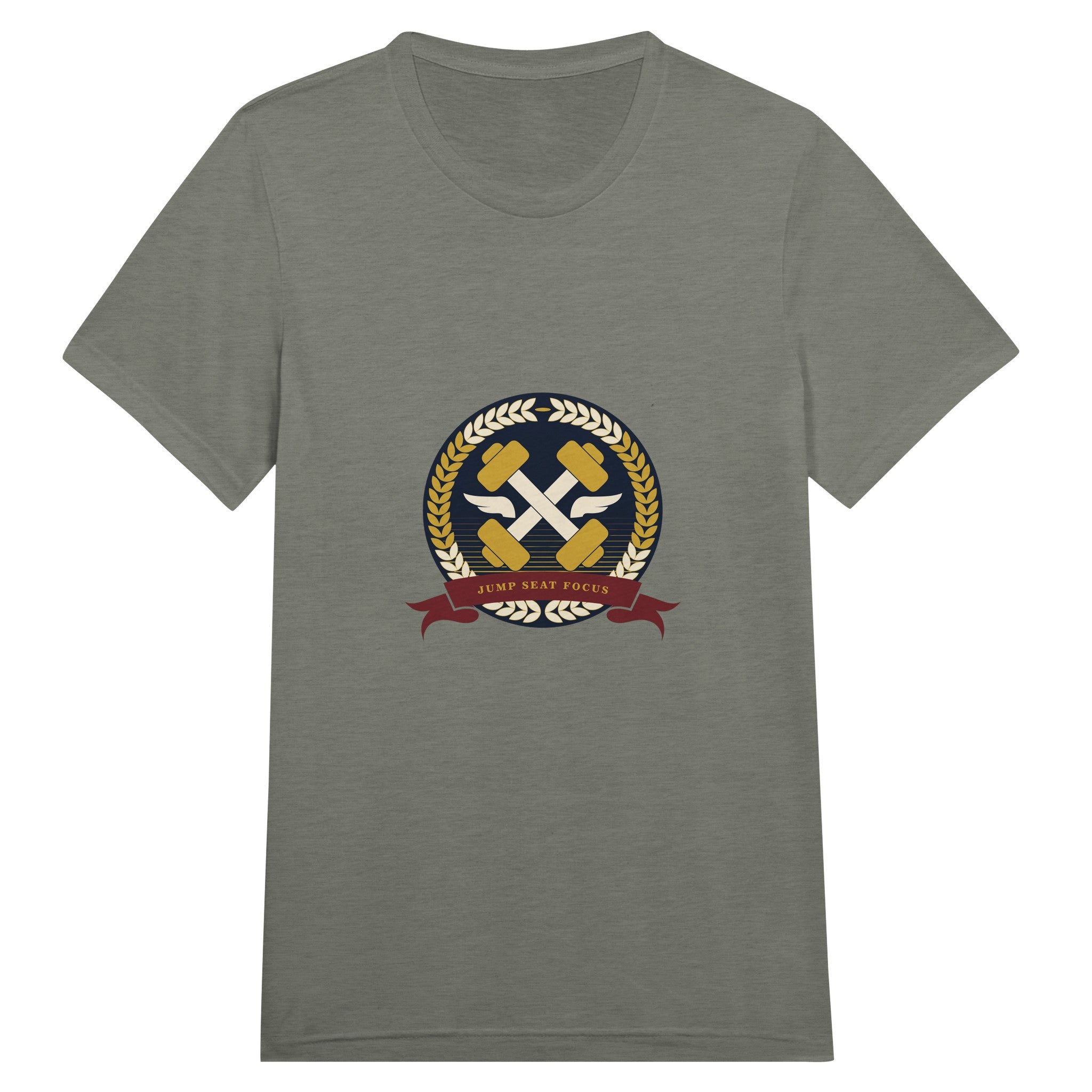 Dumbbells & Hotels unisex triblend tee with the Jump Seat Focus crest (gold laurel ring, crossed dumbbells over aviator wings, burgundy ribbon) - product shot 1 of 19