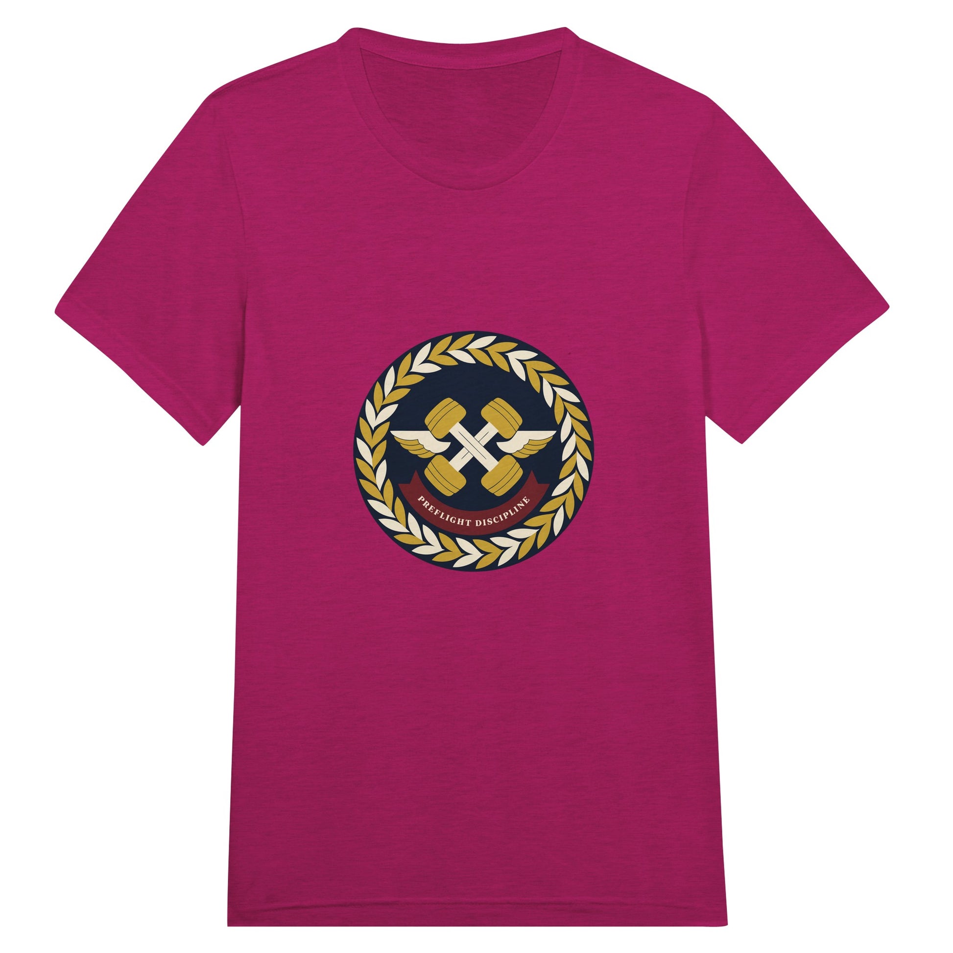 Preflight Discipline winged-dumbbell crest with laurel wreath on a unisex triblend tee by Dumbbells & Hotels — view 15 of 19