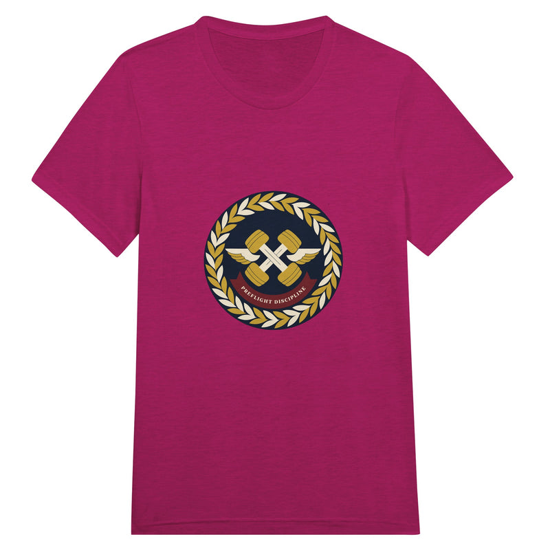 Preflight Discipline winged-dumbbell crest with laurel wreath on a unisex triblend tee by Dumbbells & Hotels — view 15 of 19