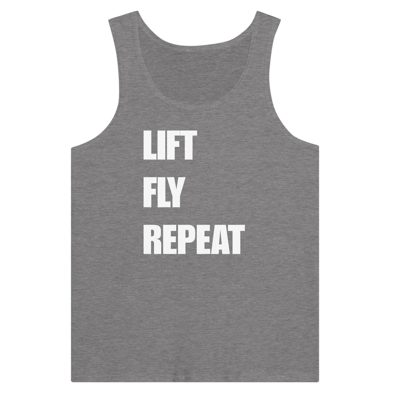 Dumbbells & Hotels unisex tank top with the Lift Fly Repeat graphic - product shot 10 of 18