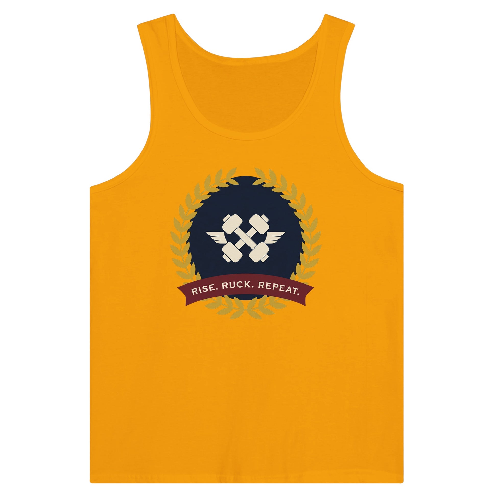 Rise. Ruck. Repeat. artwork detail on a unisex tank top designed for hotel gyms and long layovers