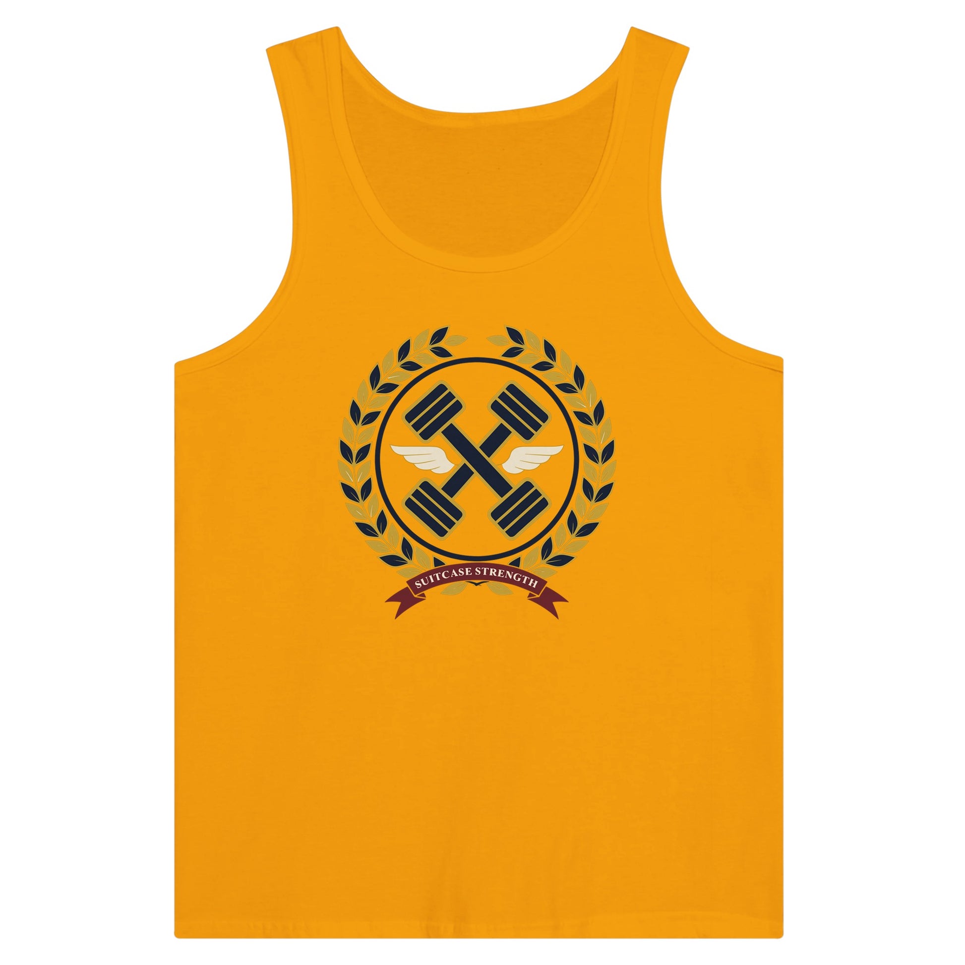 Suitcase Strength unisex premium tank top for travelling professionals, printed with a gold laurel-wreath crest with navy crossed dumbbells, cream aviator wings and a SUITCASE STRENGTH ribbon — product photo 3 of 18