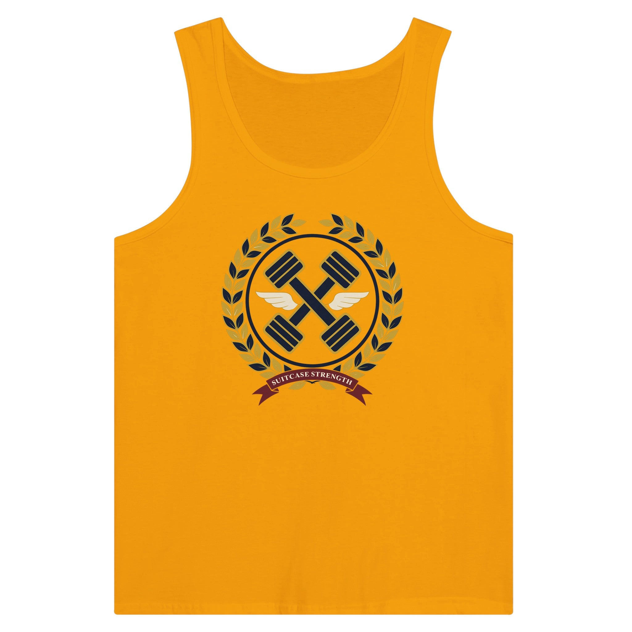 Suitcase Strength unisex premium tank top for travelling professionals, printed with a gold laurel-wreath crest with navy crossed dumbbells, cream aviator wings and a SUITCASE STRENGTH ribbon — product photo 3 of 18