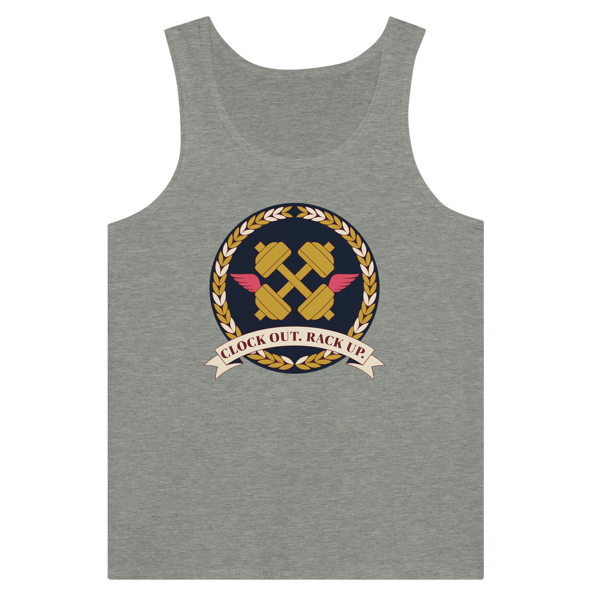 Clock Out. Rack Up. crest design on a Dumbbells and Hotels unisex tank top, flat lay