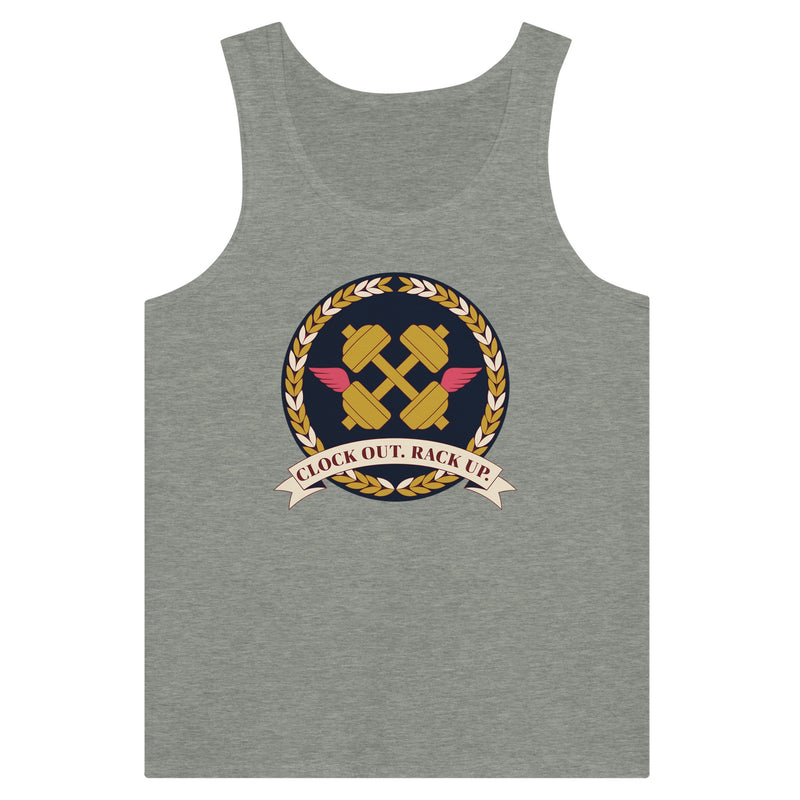 Clock Out. Rack Up. crest design on a Dumbbells and Hotels unisex tank top, flat lay