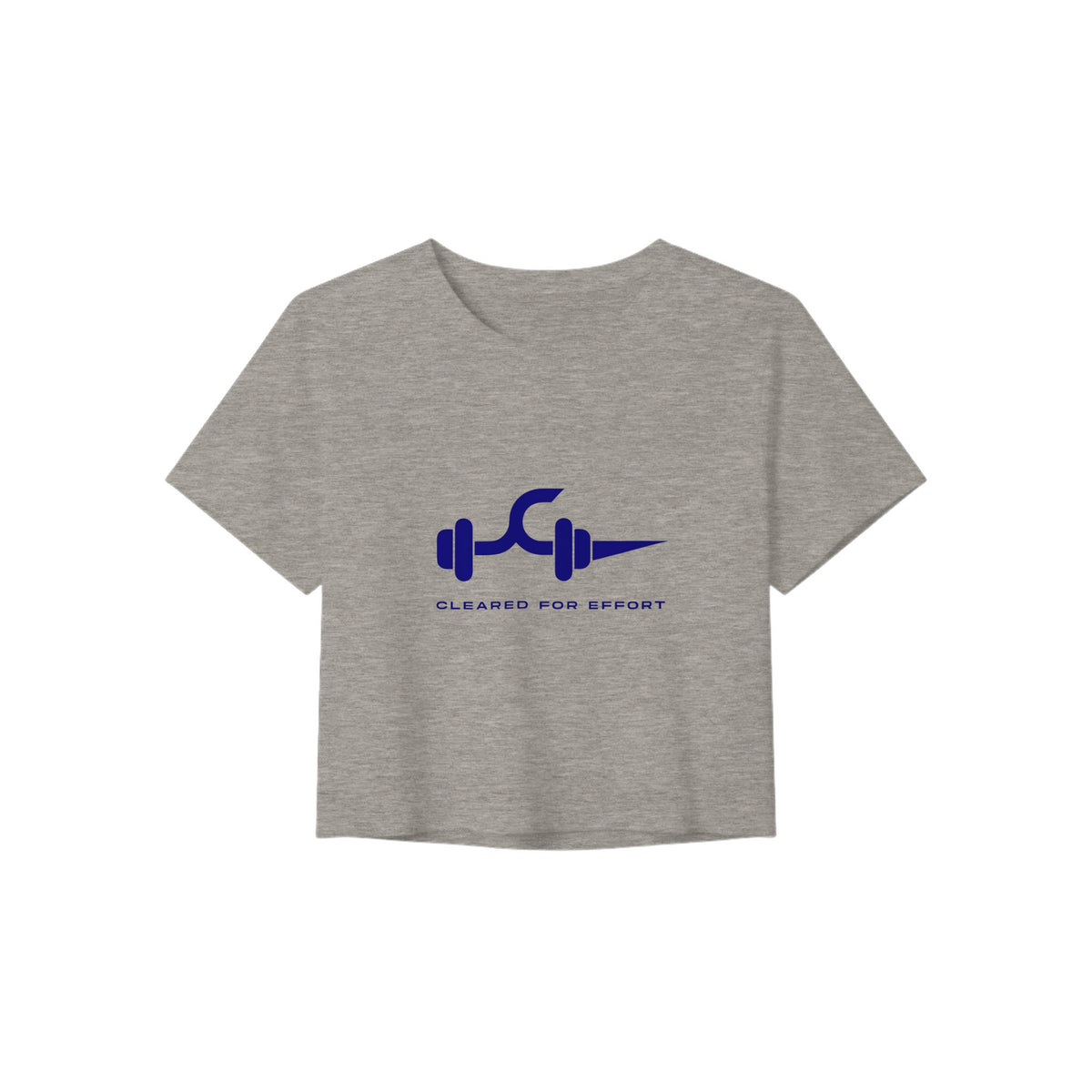 Cleared for Effort crop tee, dumbbell and flight-path graphic, front view