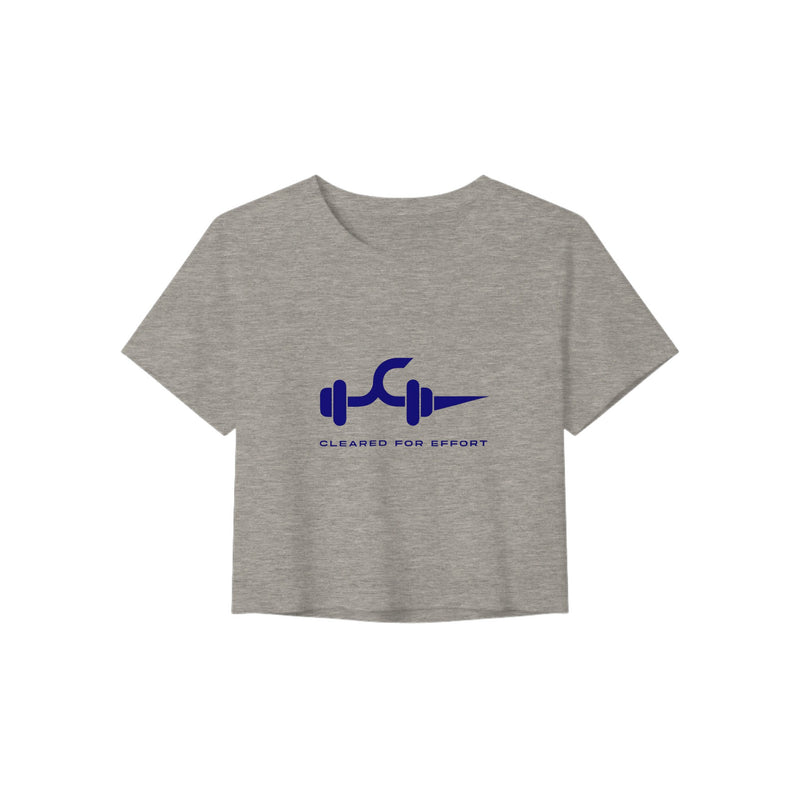Cleared for Effort crop tee, dumbbell and flight-path graphic, front view