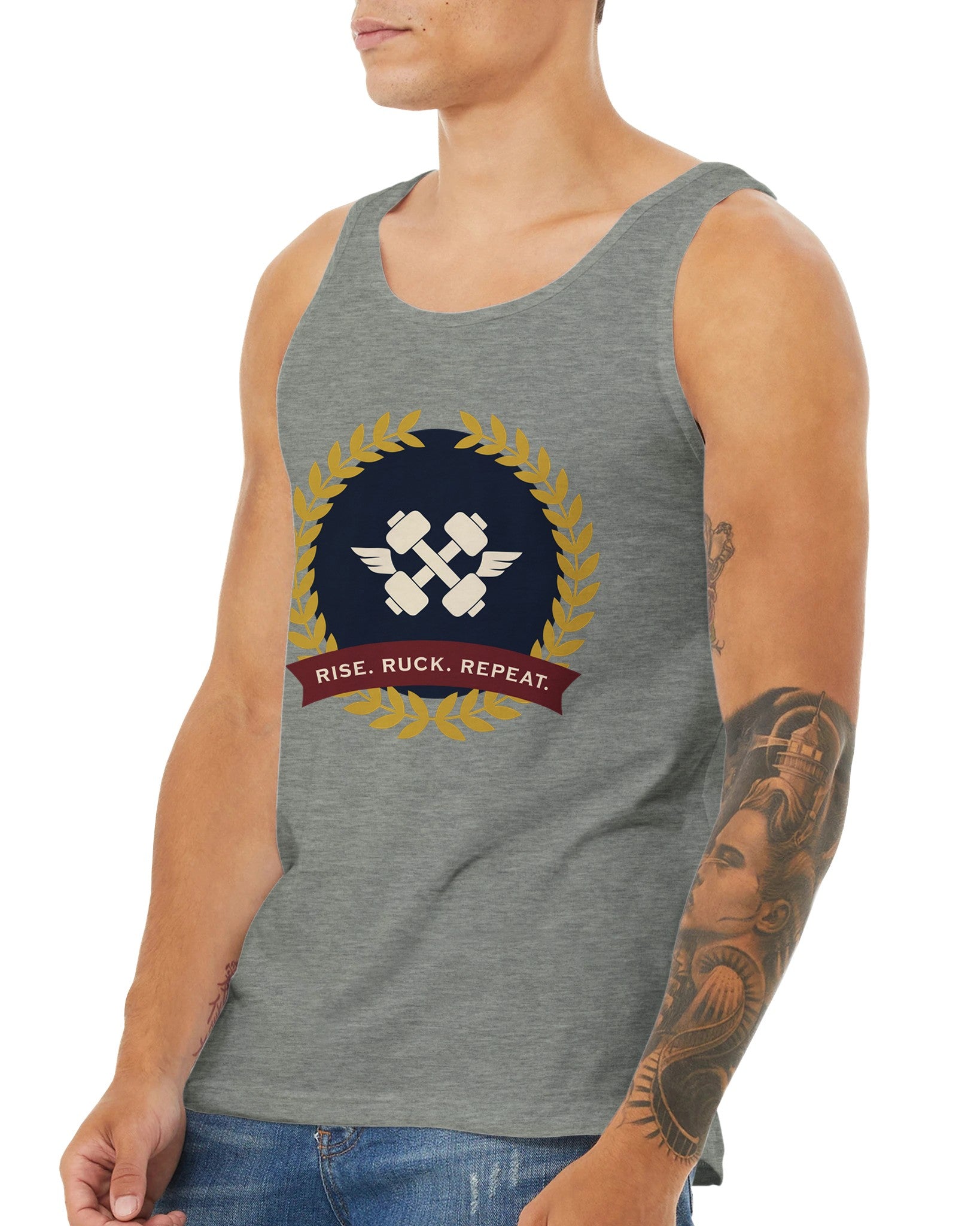 Rise. Ruck. Repeat. artwork detail on a unisex tank top designed for hotel gyms and long layovers