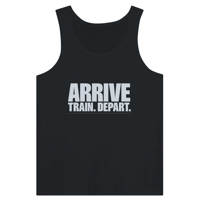 Arrive. Train. Depart. Tank | Dumbbells & Hotels - Arrive. Train. Depart. design, tank product photo