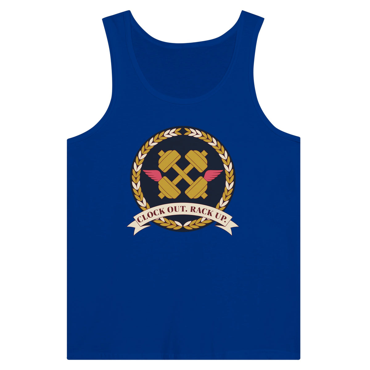 Clock Out. Rack Up. crest design on a Dumbbells and Hotels unisex tank top