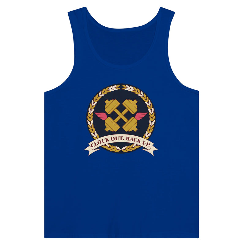 Clock Out. Rack Up. crest design on a Dumbbells and Hotels unisex tank top