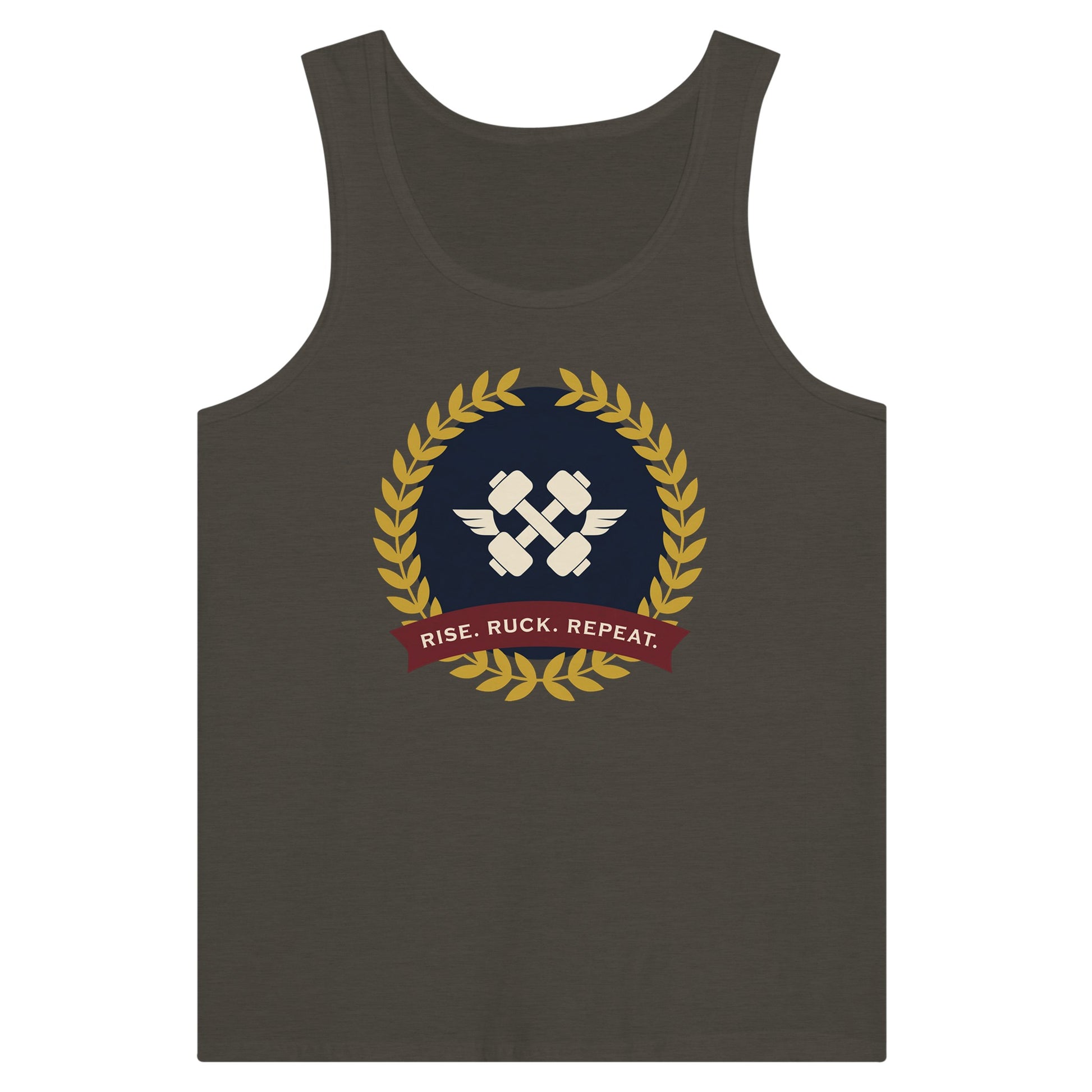 Rise. Ruck. Repeat. artwork detail on a unisex tank top designed for hotel gyms and long layovers