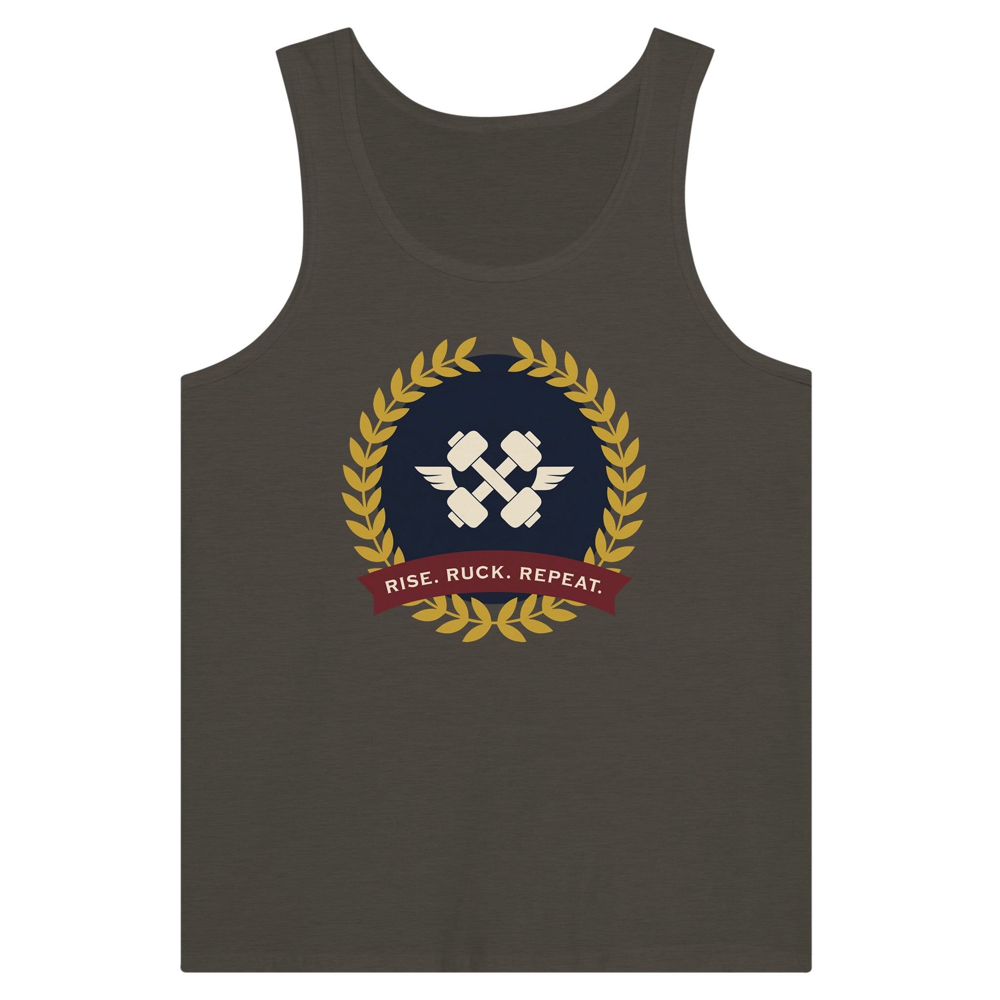 Rise. Ruck. Repeat. artwork detail on a unisex tank top designed for hotel gyms and long layovers