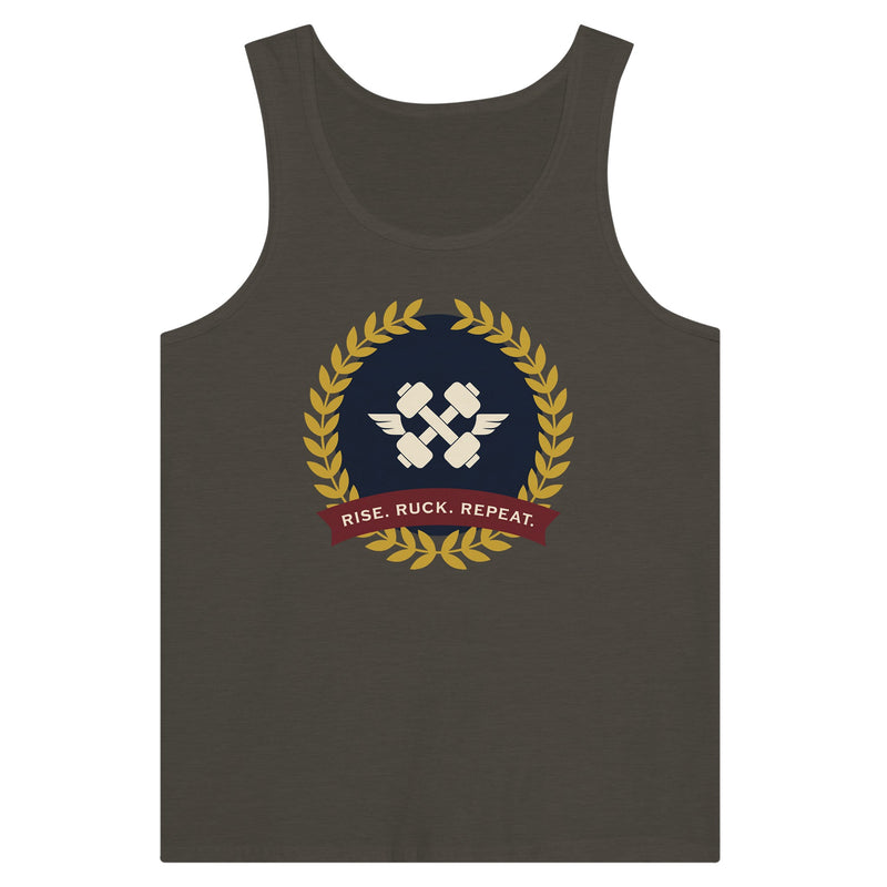 Rise. Ruck. Repeat. artwork detail on a unisex tank top designed for hotel gyms and long layovers