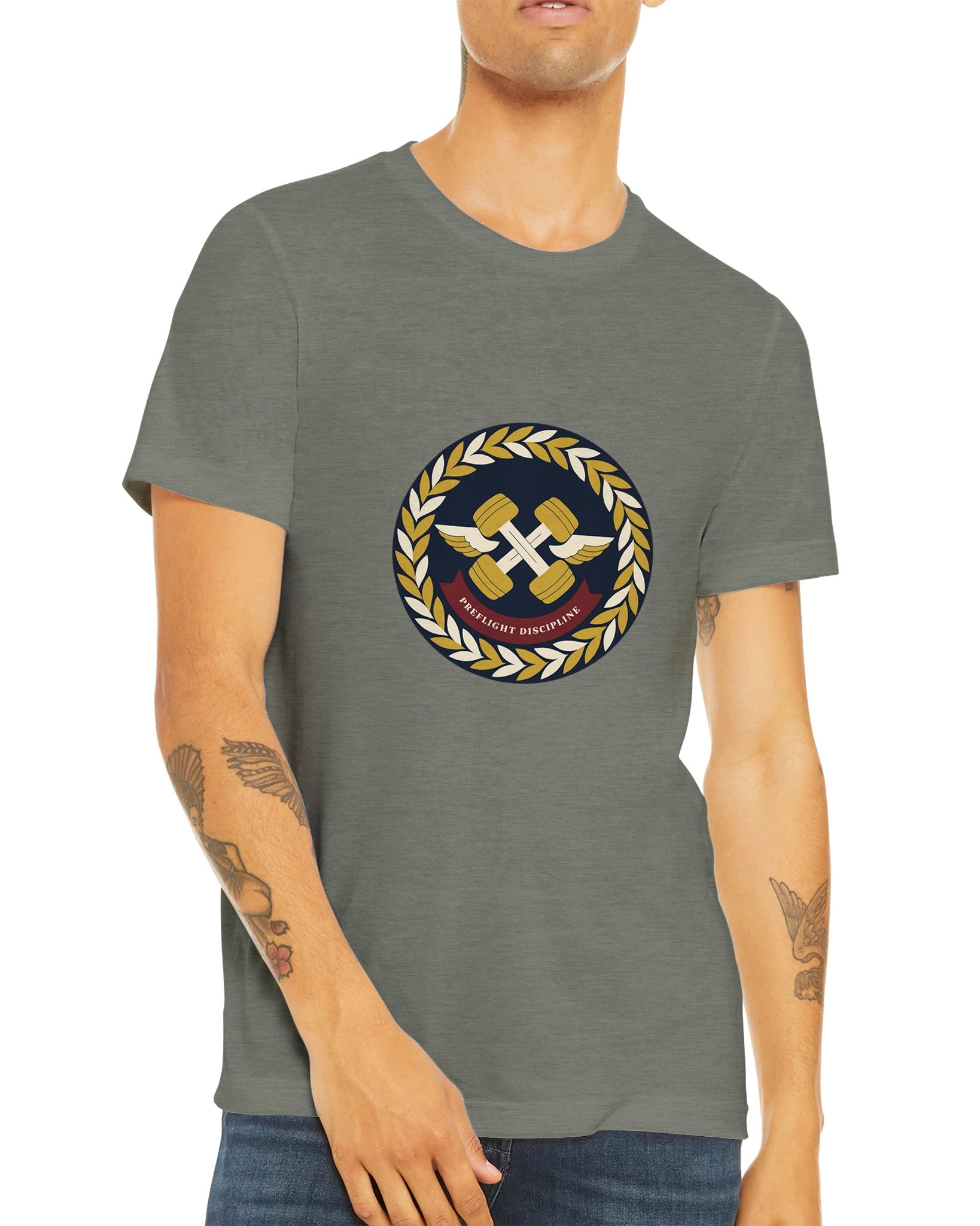 Preflight Discipline winged-dumbbell crest with laurel wreath on a unisex triblend tee by Dumbbells & Hotels — view 18 of 19