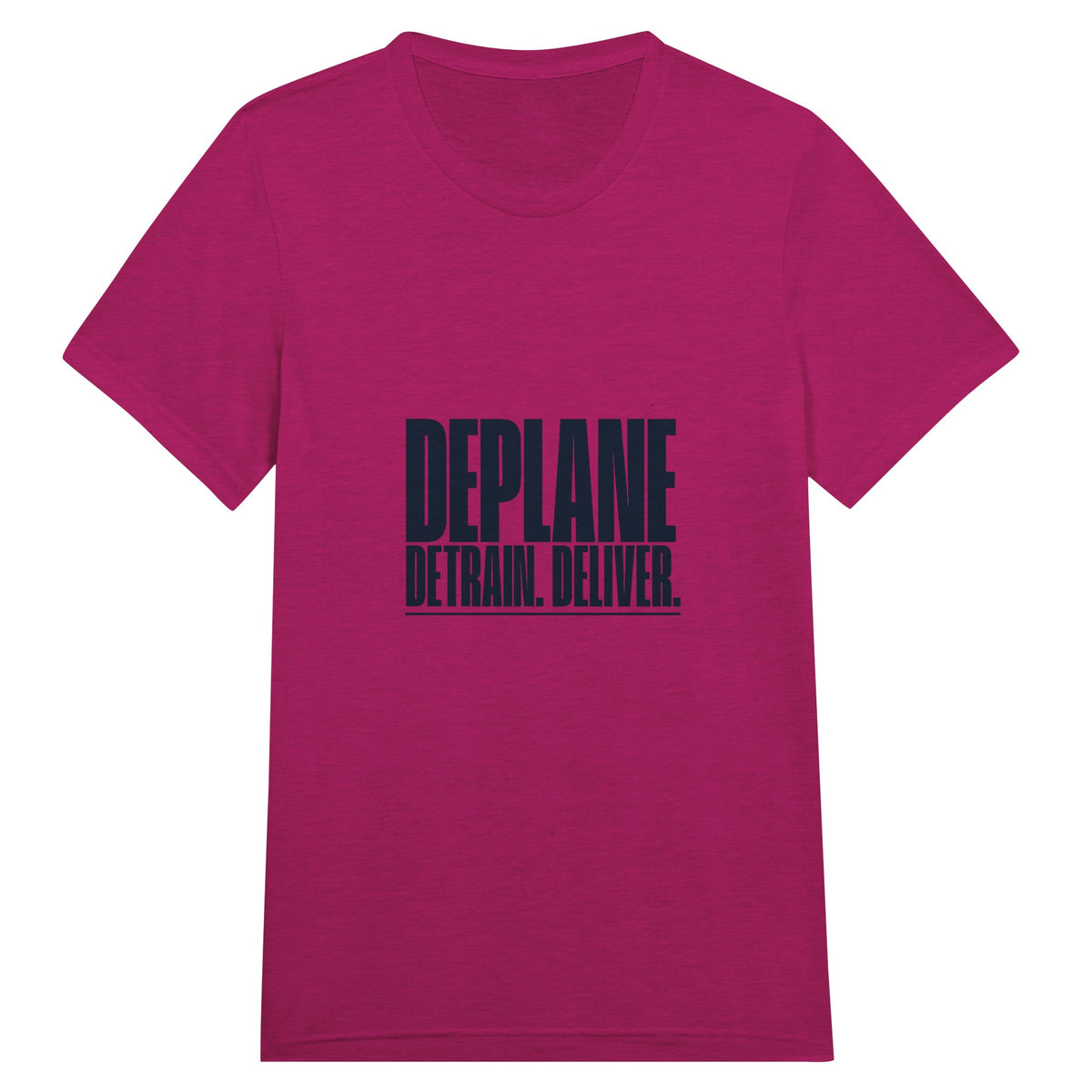 Deplane. Detrain. Deliver. travel tee, Dumbbells and Hotels, colorway flat lay