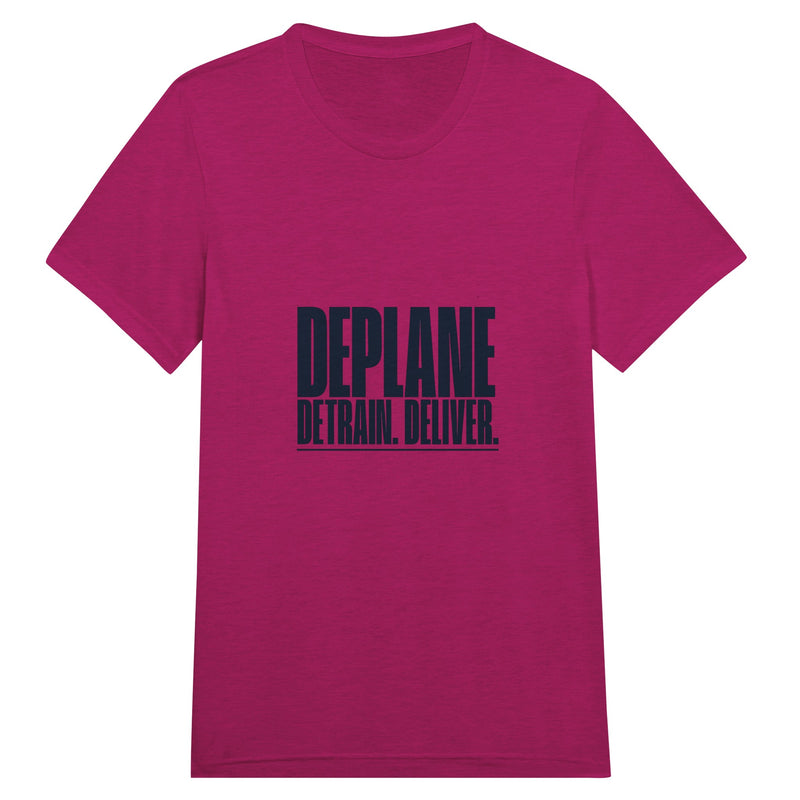 Deplane. Detrain. Deliver. travel tee, Dumbbells and Hotels, colorway flat lay
