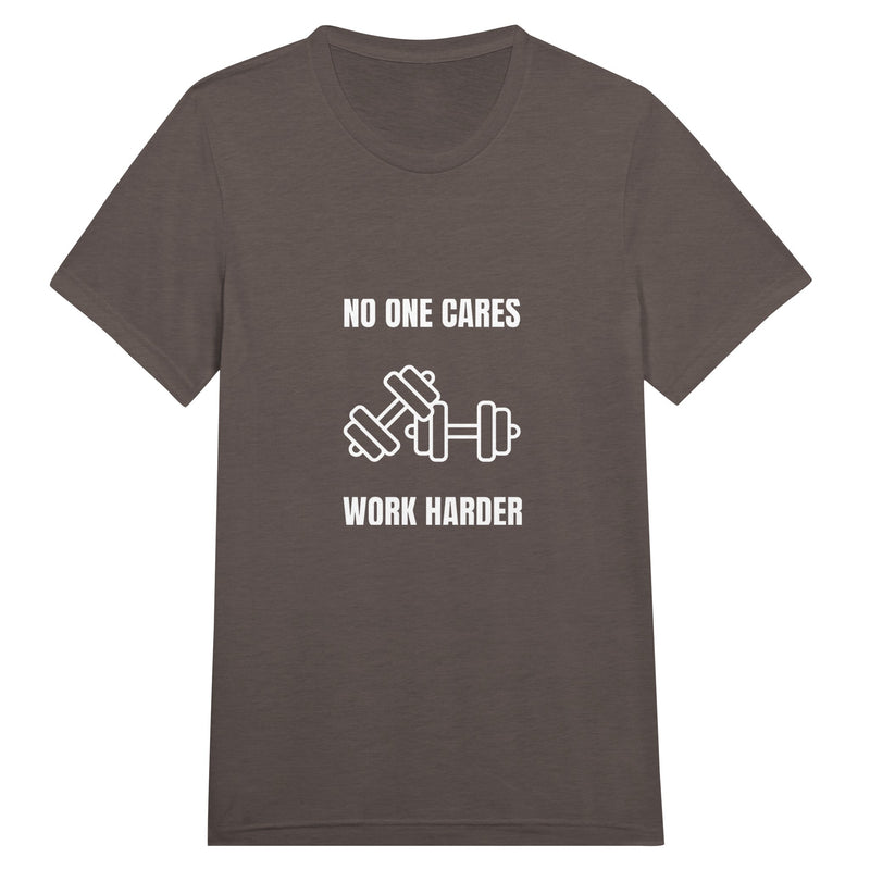 unisex triblend travel tee with white No One Cares. Work Harder. crossed-dumbbells print, styled for hotel gym training