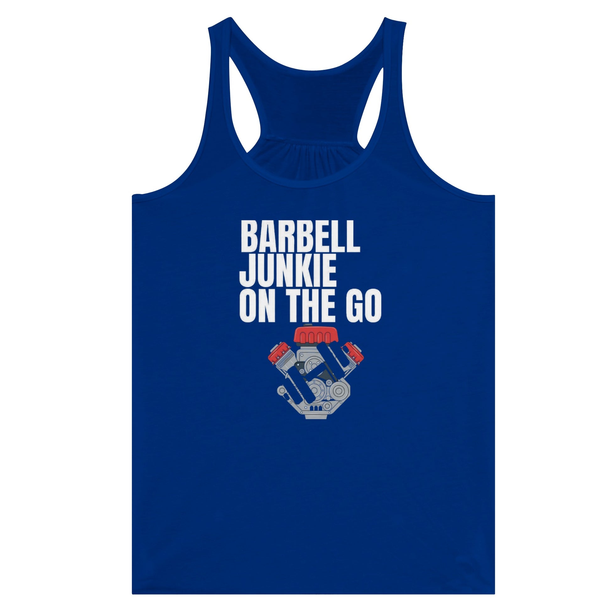 Barbell Junkie on the Go women's travel racerback tank by Dumbbells & Hotels — road warrior gym apparel