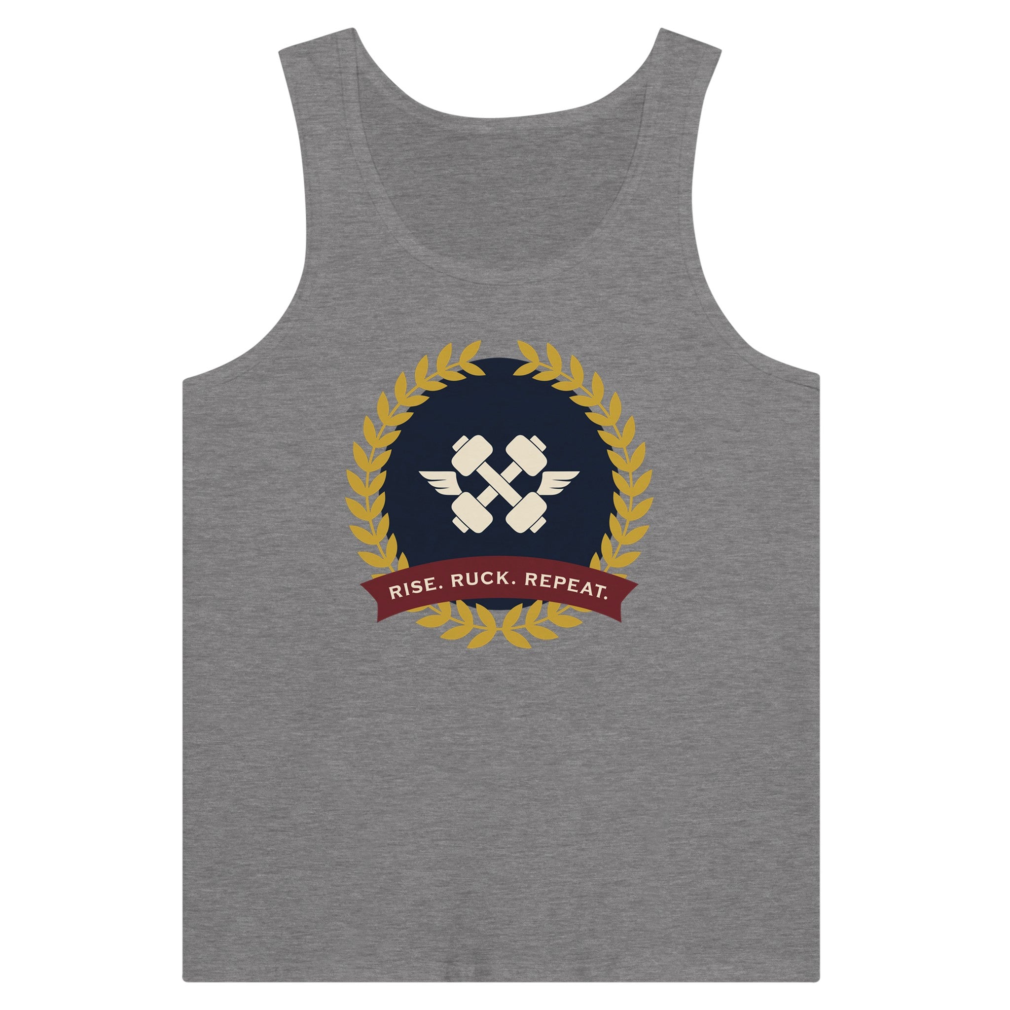 Rise. Ruck. Repeat. artwork detail on a unisex tank top designed for hotel gyms and long layovers