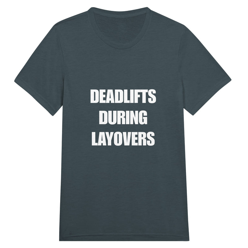 Deadlifts During Layovers travel workout tee — layover-ready capsule-wardrobe apparel designed by pilots | Dumbbells & Hotels