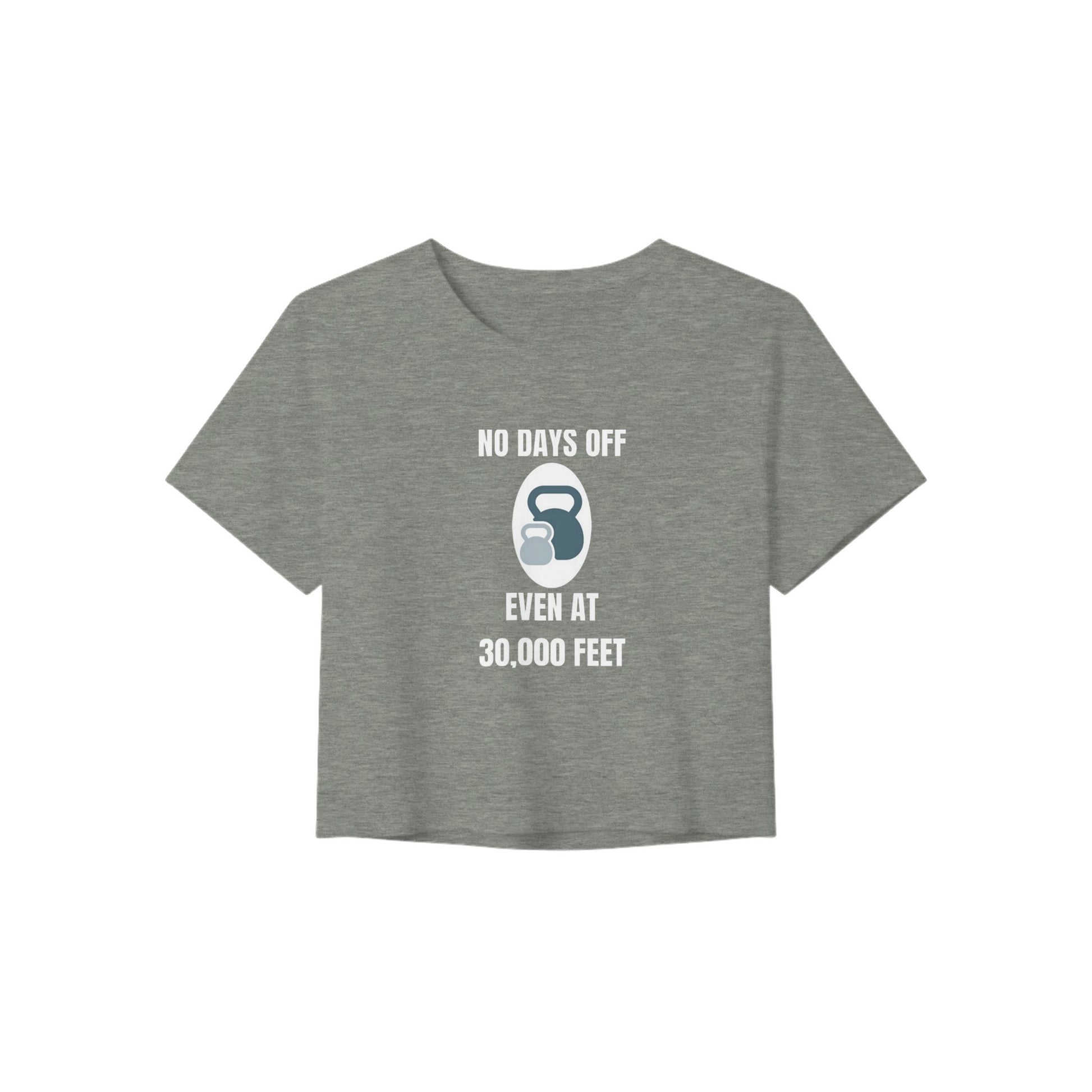 No Days Off Even at 30,000 Feet crop tee on-model, side angle