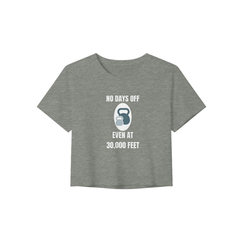 No Days Off Even at 30,000 Feet crop tee on-model, side angle