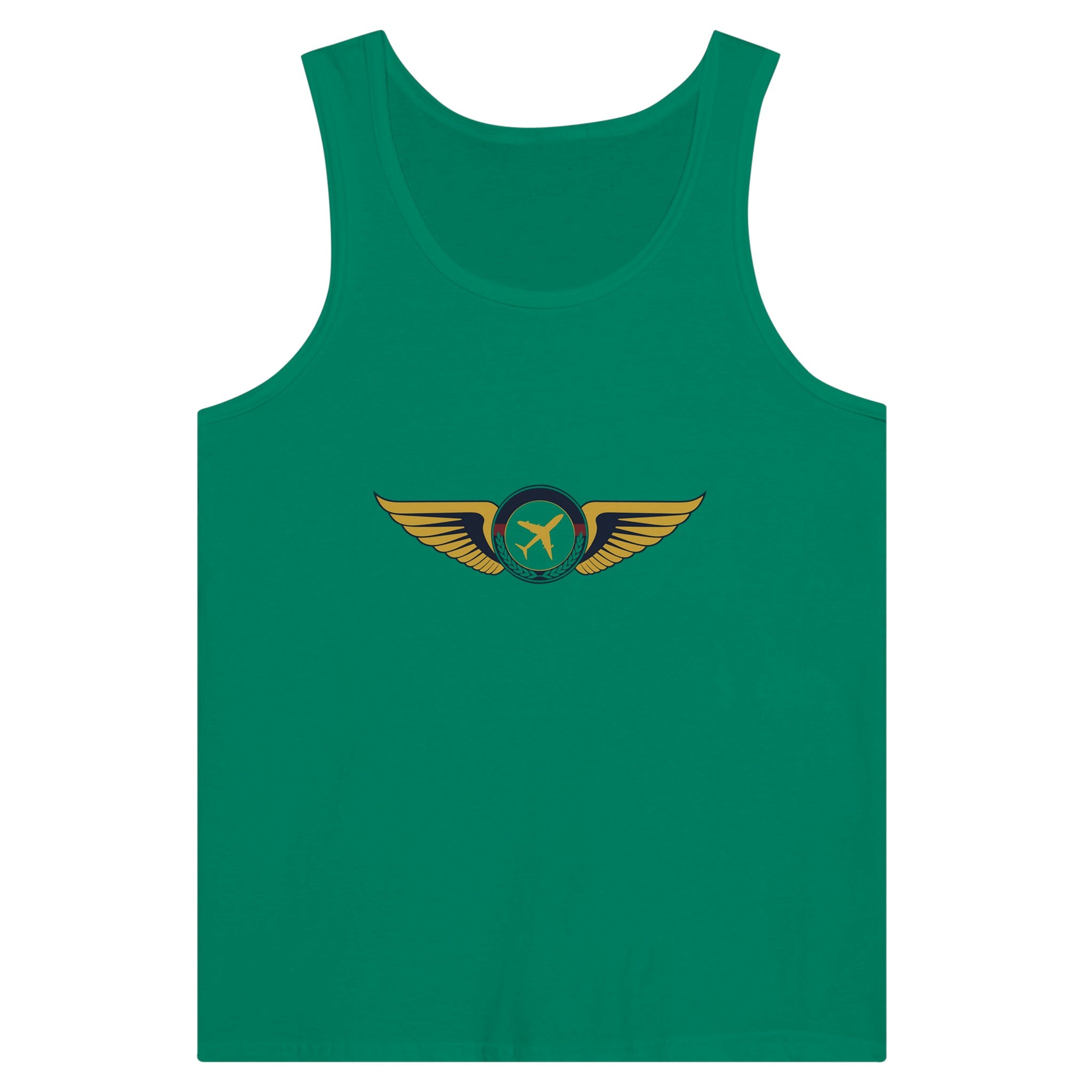 Aviator Wings unisex premium travel tank top, flat lay 2 — Dumbbells & Hotels