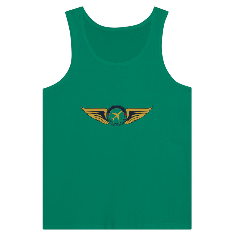 Aviator Wings unisex premium travel tank top, flat lay 2 — Dumbbells & Hotels