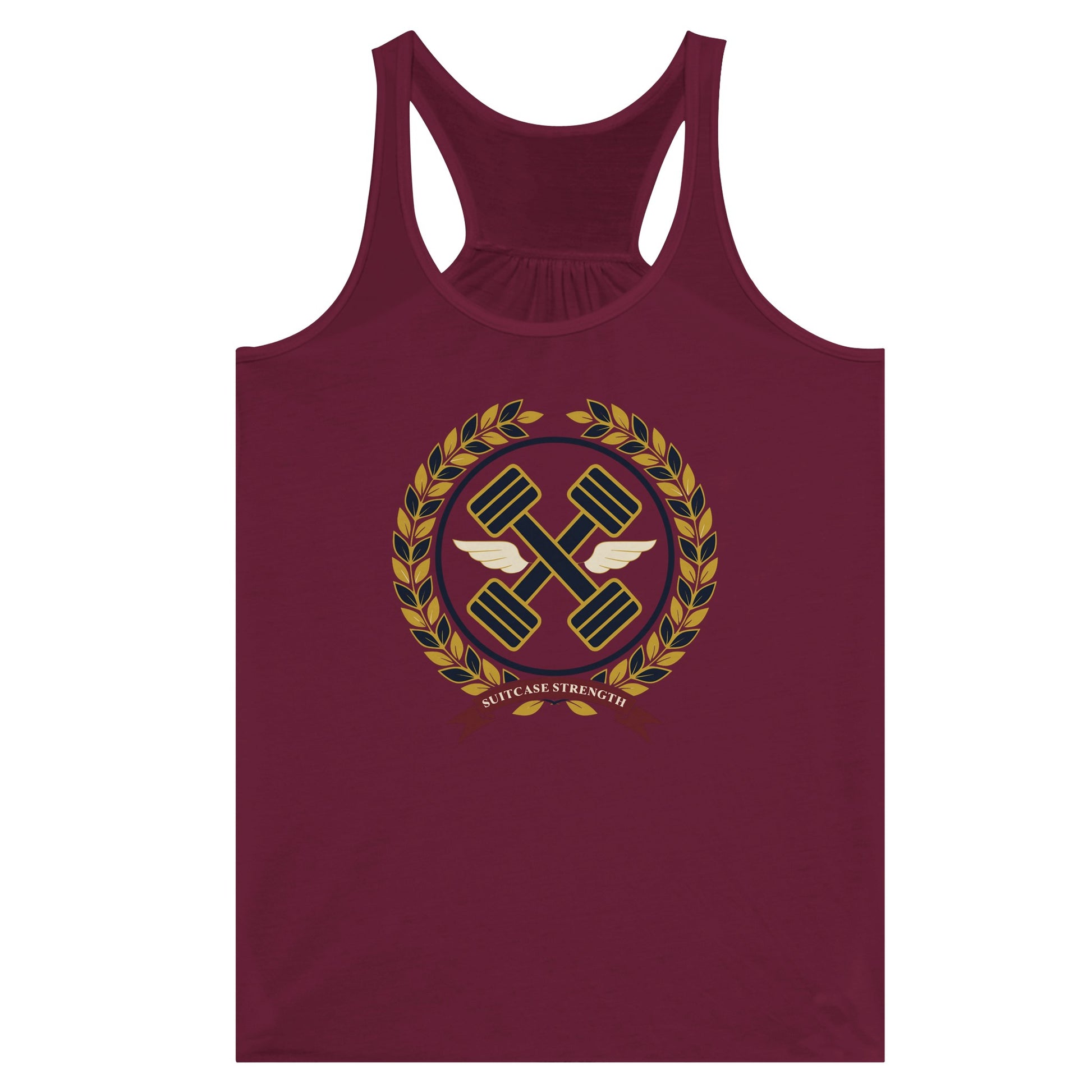 Suitcase Strength women's flowy racerback tank for travelling professionals, printed with a gold laurel-wreath crest with navy crossed dumbbells, cream aviator wings and a SUITCASE STRENGTH ribbon — product photo 7 of 13