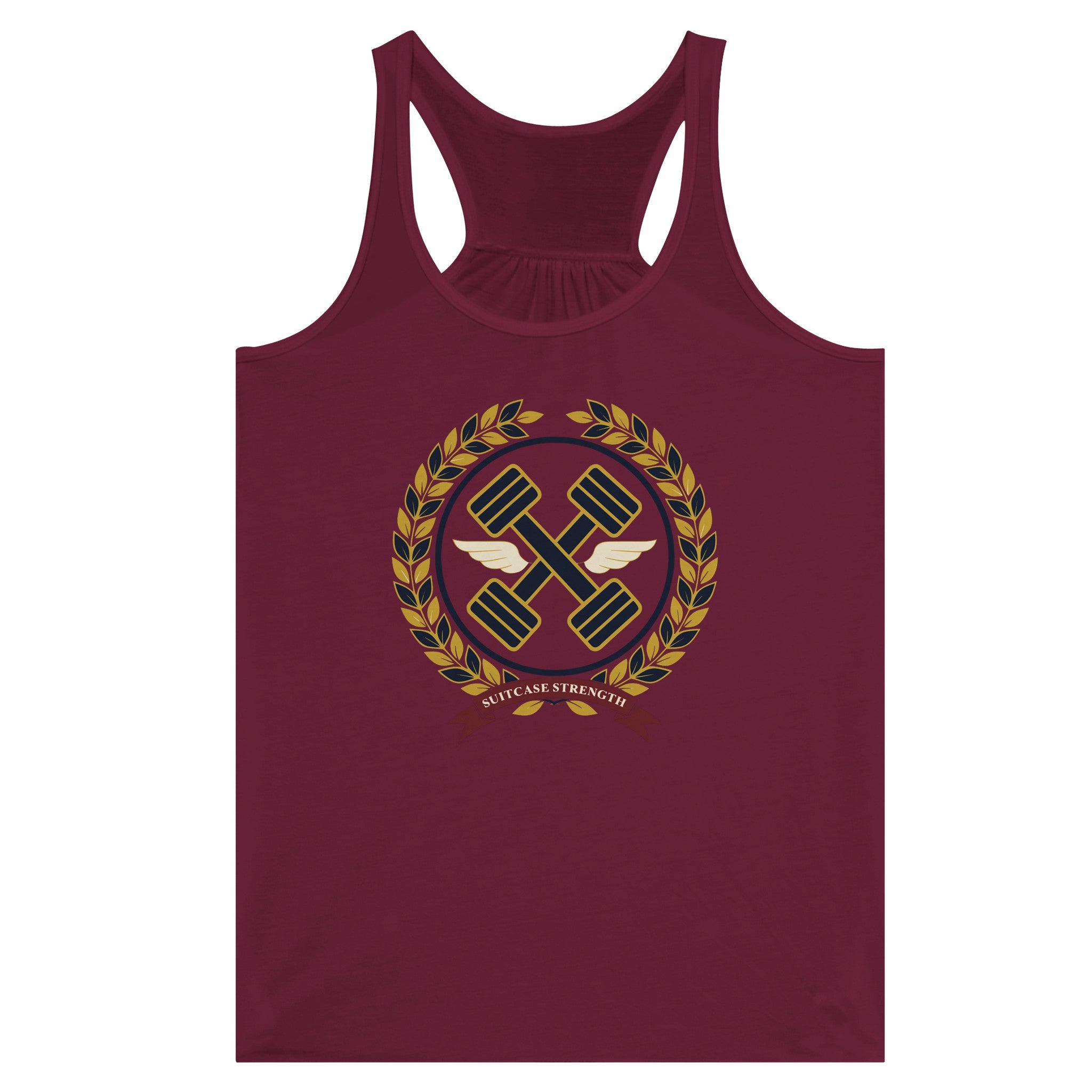 Suitcase Strength women's flowy racerback tank for travelling professionals, printed with a gold laurel-wreath crest with navy crossed dumbbells, cream aviator wings and a SUITCASE STRENGTH ribbon — product photo 7 of 13