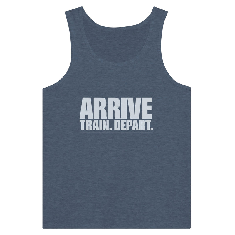 Arrive. Train. Depart. Tank | Dumbbells & Hotels - Arrive. Train. Depart. design, tank product photo