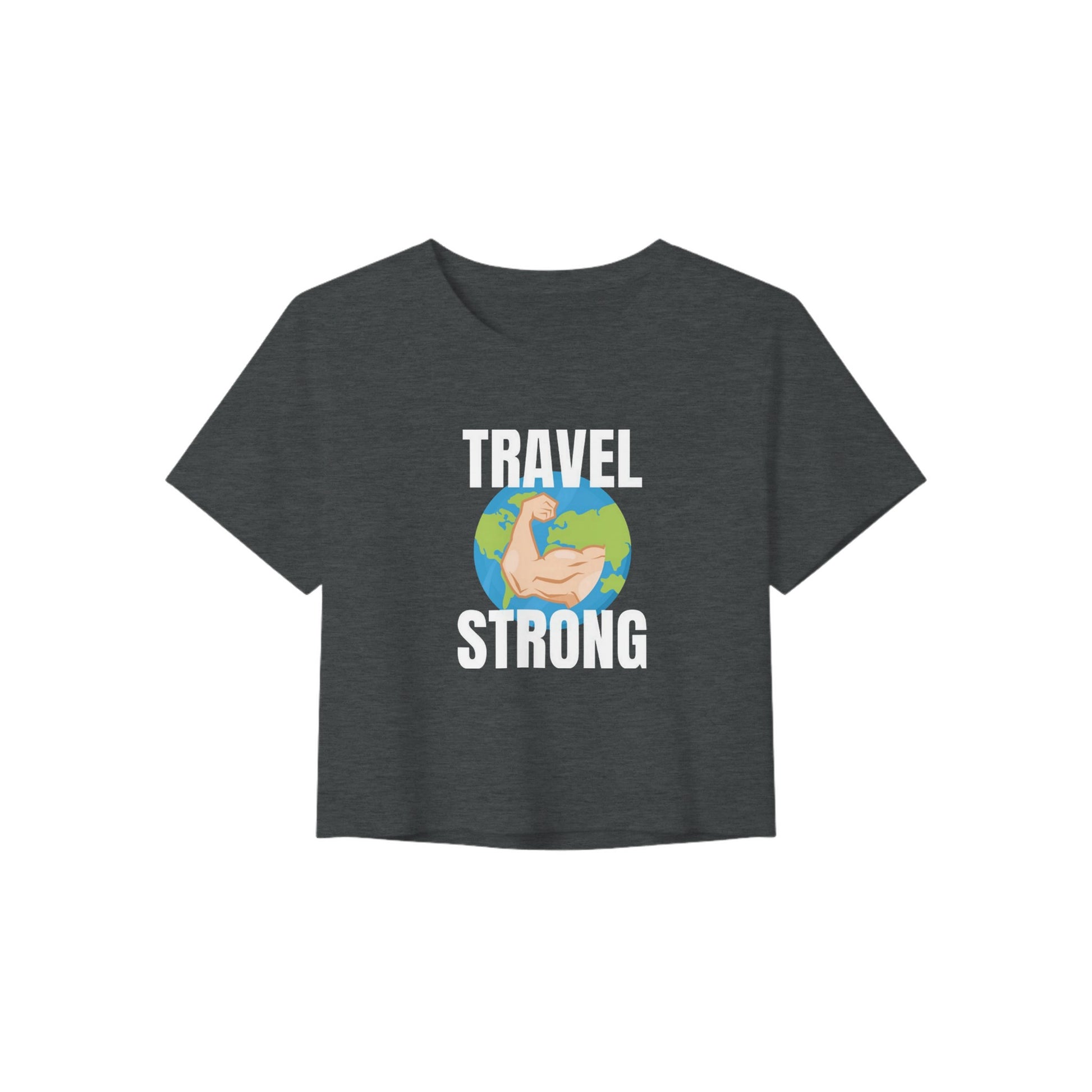 Travel Strong women's crop tee by Dumbbells & Hotels - front print detail