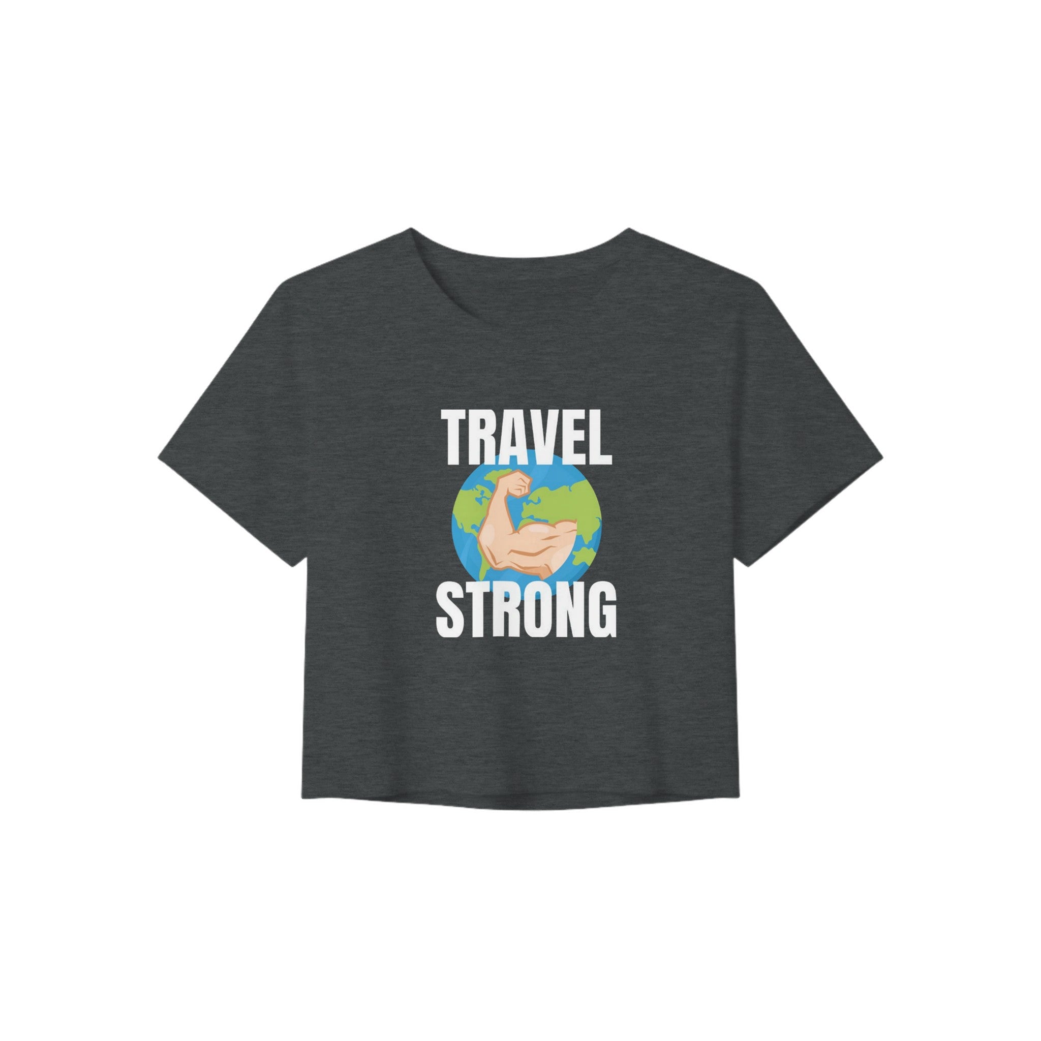 Travel Strong women's crop tee by Dumbbells & Hotels - front print detail