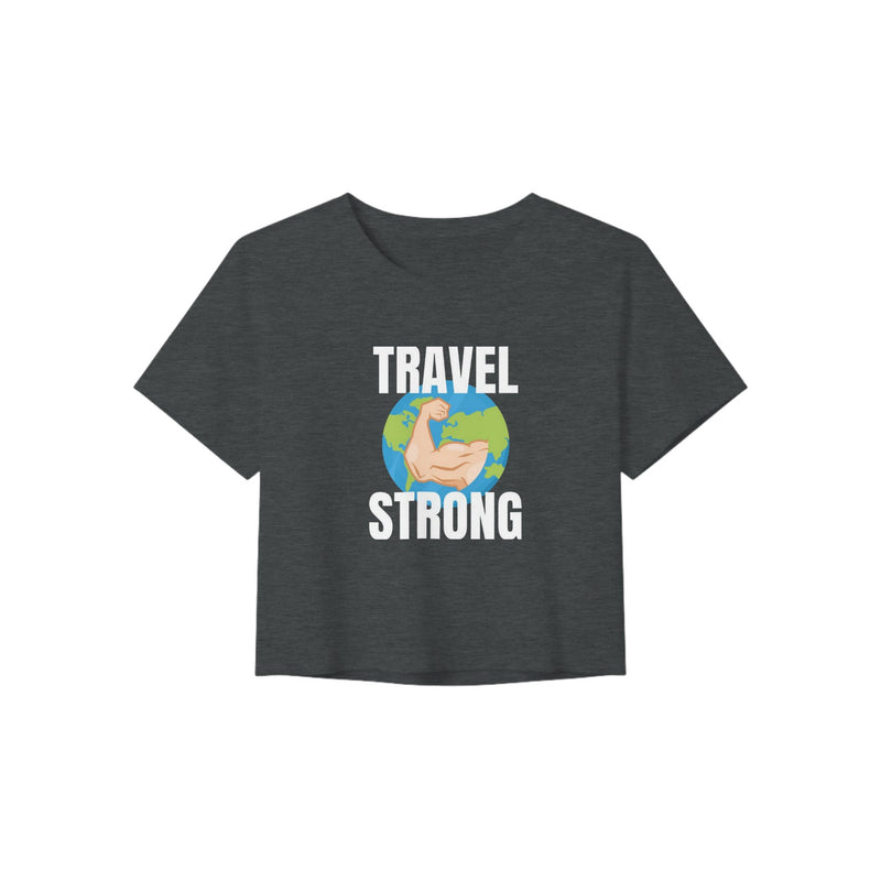 Travel Strong women's crop tee by Dumbbells & Hotels - front print detail