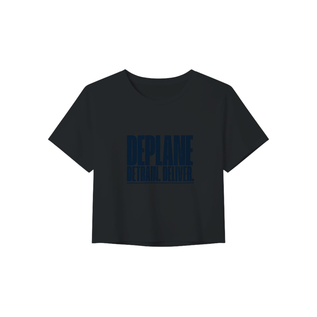 Deplane. Detrain. Deliver. crop tee, Dumbbells and Hotels, colorway flat lay