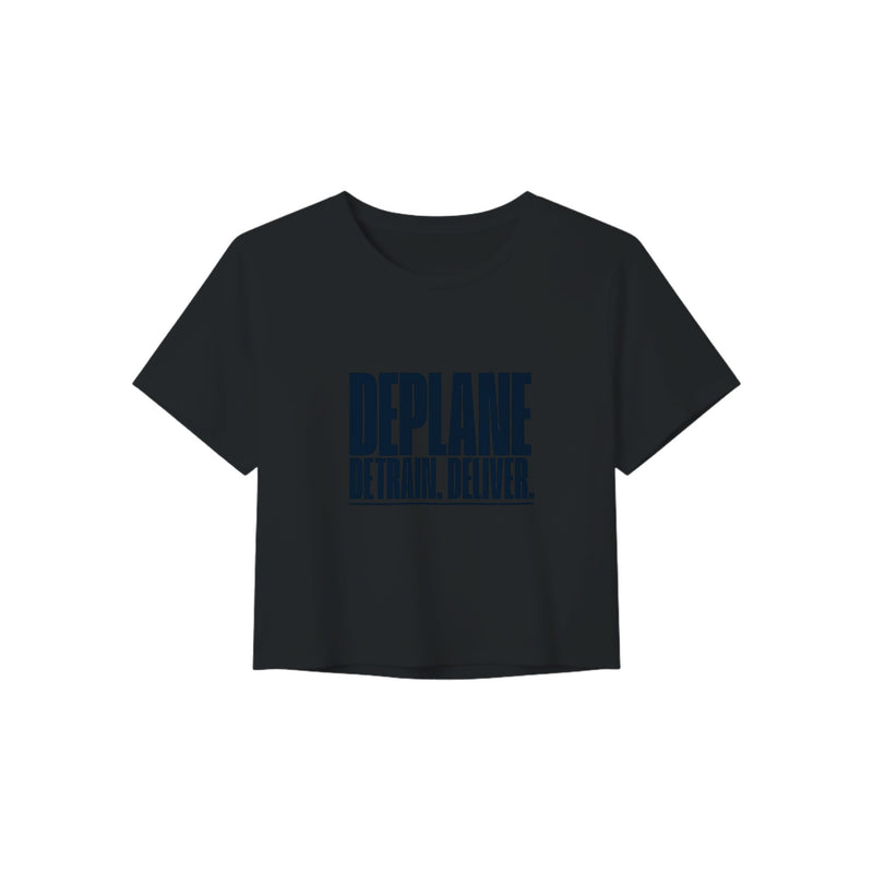 Deplane. Detrain. Deliver. crop tee, Dumbbells and Hotels, colorway flat lay