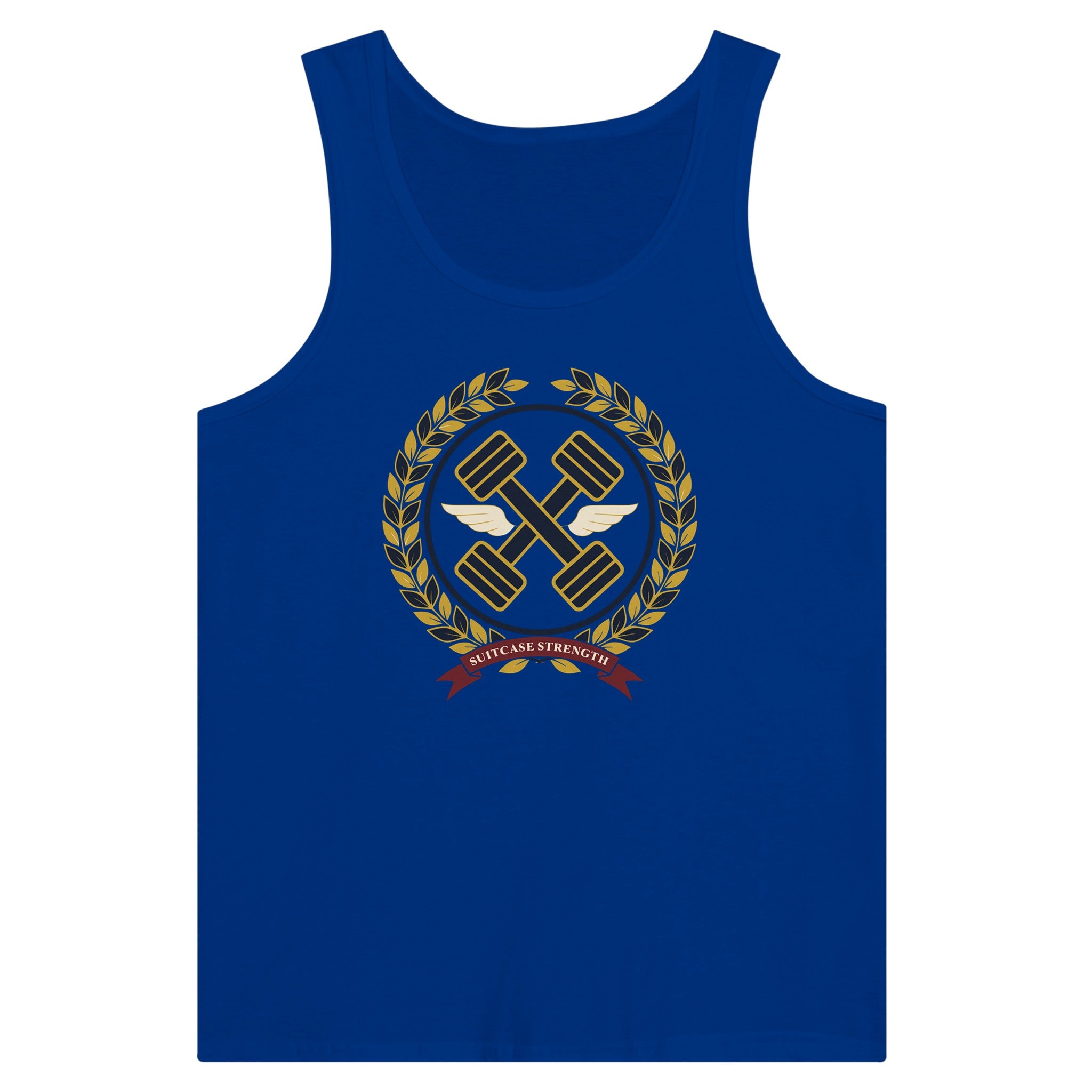 Suitcase Strength unisex premium tank top for travelling professionals, printed with a gold laurel-wreath crest with navy crossed dumbbells, cream aviator wings and a SUITCASE STRENGTH ribbon — product photo 4 of 18