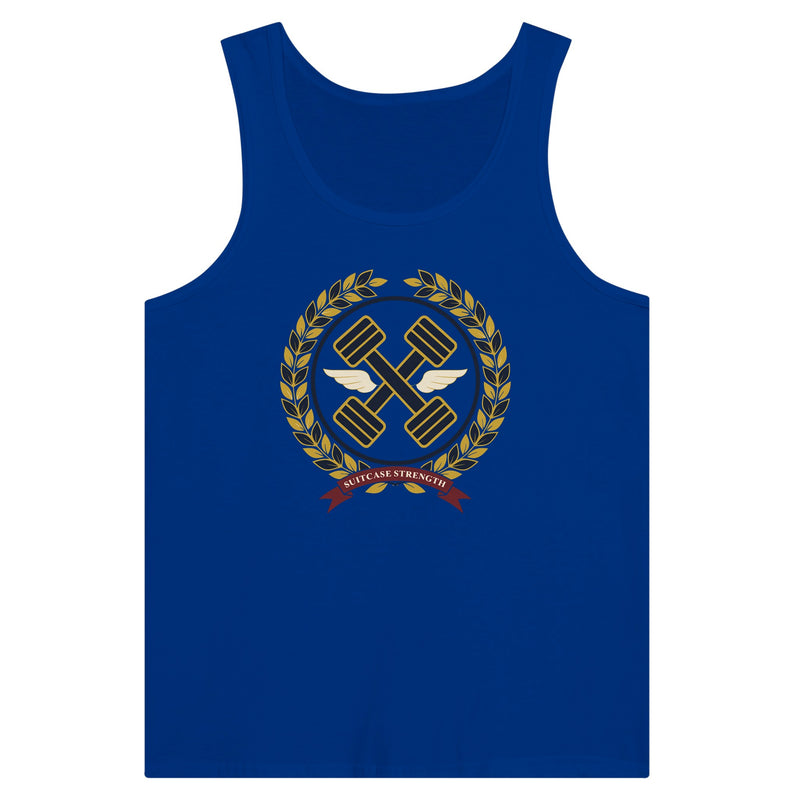 Suitcase Strength unisex premium tank top for travelling professionals, printed with a gold laurel-wreath crest with navy crossed dumbbells, cream aviator wings and a SUITCASE STRENGTH ribbon — product photo 4 of 18
