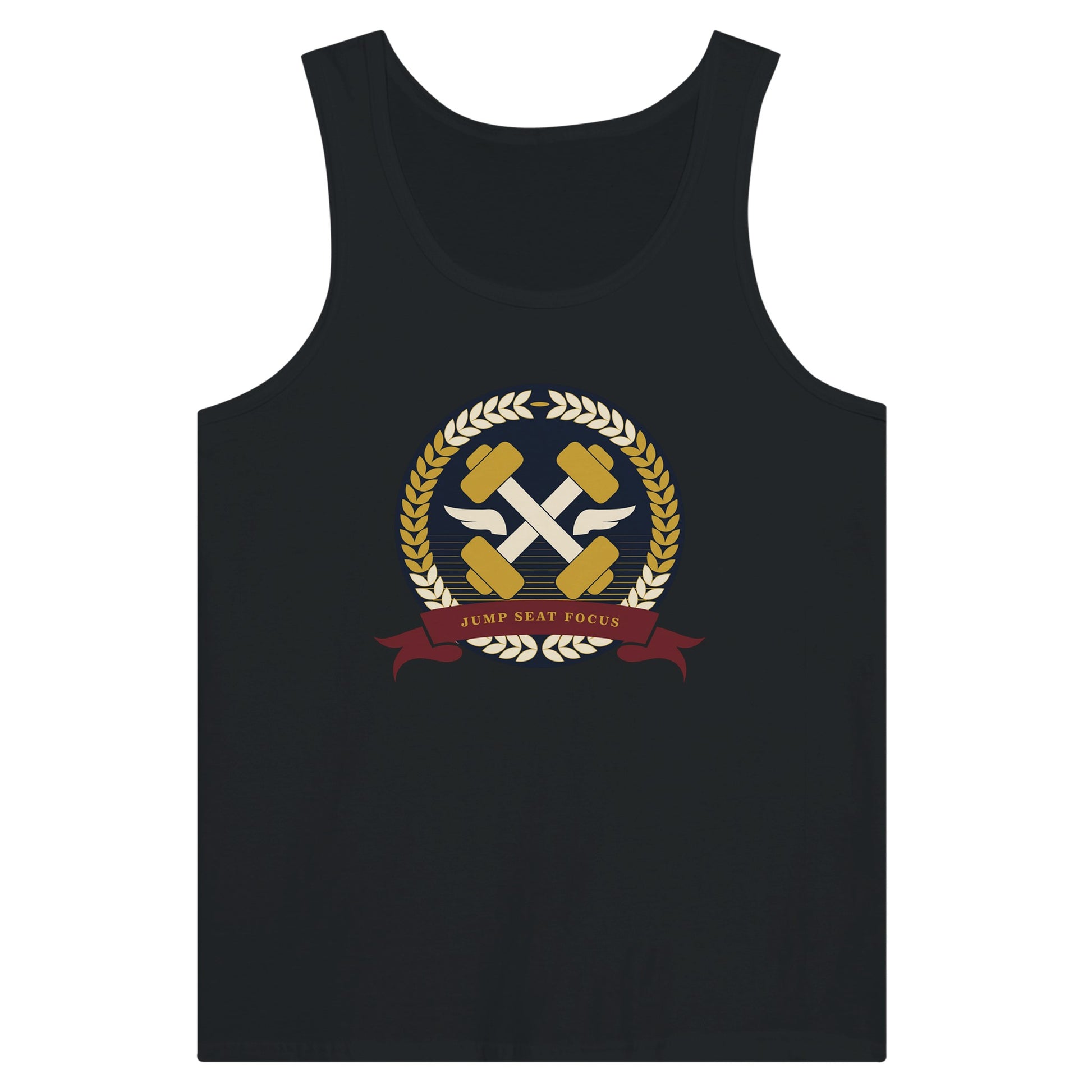 Dumbbells & Hotels unisex tank top with the Jump Seat Focus crest (gold laurel ring, crossed dumbbells over aviator wings, burgundy ribbon) - product shot 8 of 18
