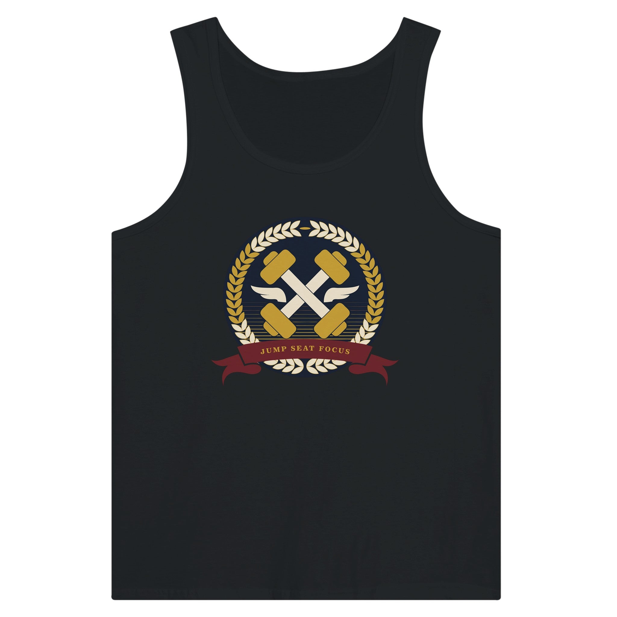 Dumbbells & Hotels unisex tank top with the Jump Seat Focus crest (gold laurel ring, crossed dumbbells over aviator wings, burgundy ribbon) - product shot 8 of 18
