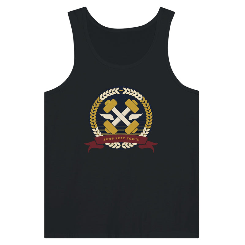 Dumbbells & Hotels unisex tank top with the Jump Seat Focus crest (gold laurel ring, crossed dumbbells over aviator wings, burgundy ribbon) - product shot 8 of 18