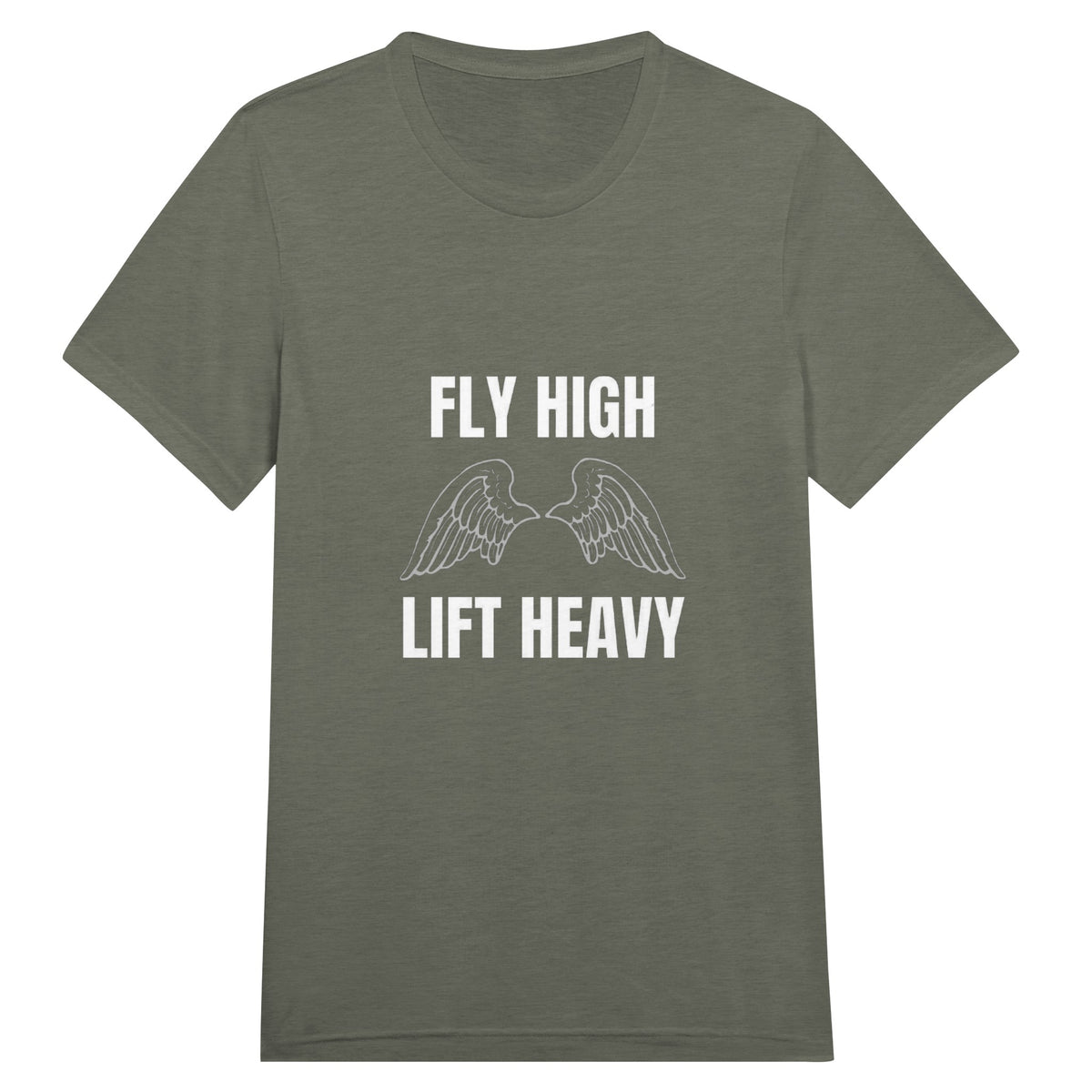 Fly High, Lift Heavy Wingspan Travel Tee in Military Green Triblend — veteran-founded travel tee by Dumbbells & Hotels