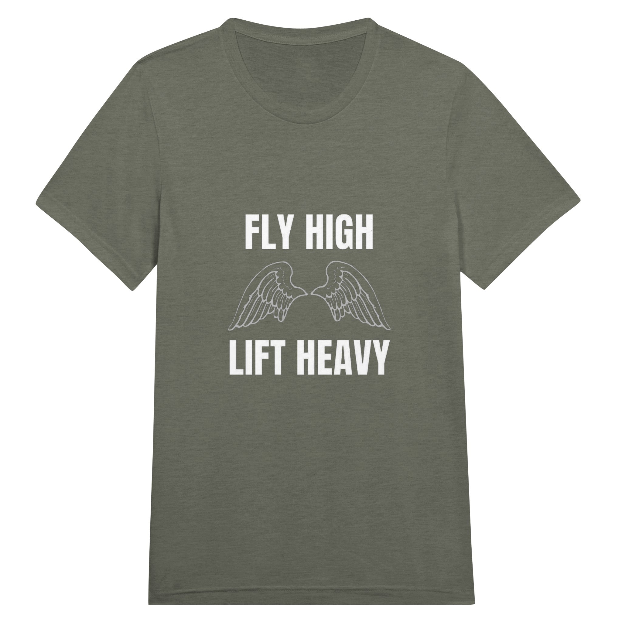 Fly High, Lift Heavy Wingspan Travel Tee in Military Green Triblend — veteran-founded travel tee by Dumbbells & Hotels
