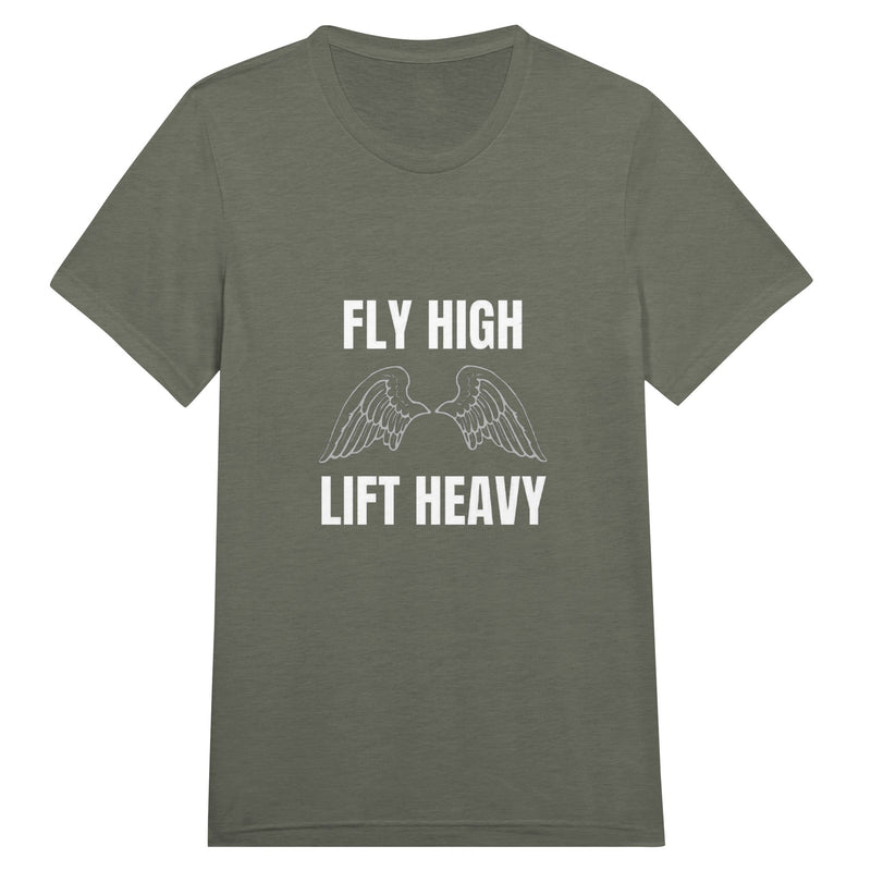Fly High, Lift Heavy Wingspan Travel Tee in Military Green Triblend — veteran-founded travel tee by Dumbbells & Hotels